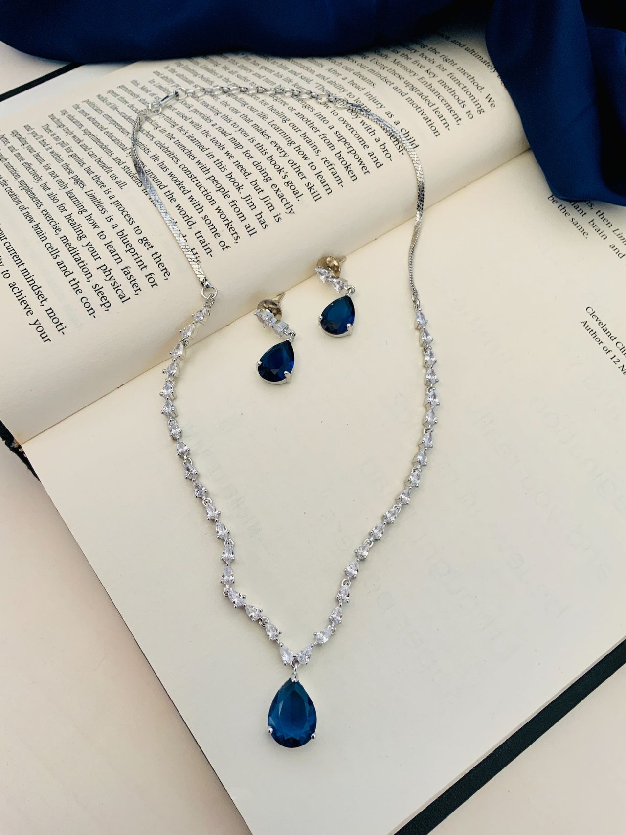 Silver Plated Necklace Set American Diamonds And blue Stone