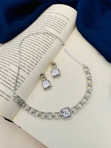 Classic Silver Plated American Diamond Necklace Set
