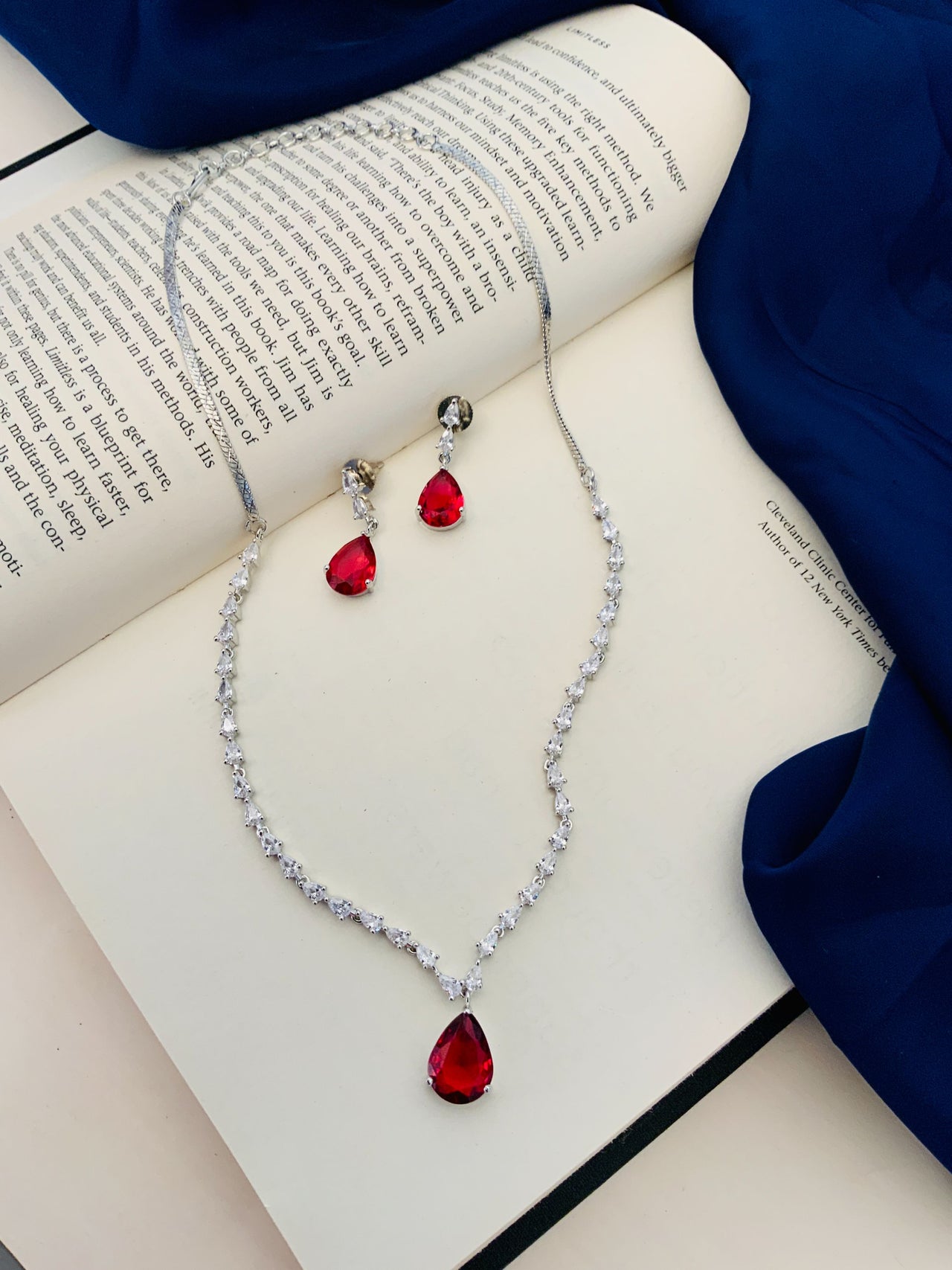 Silver Plated Necklace Set American Diamonds Red Stone