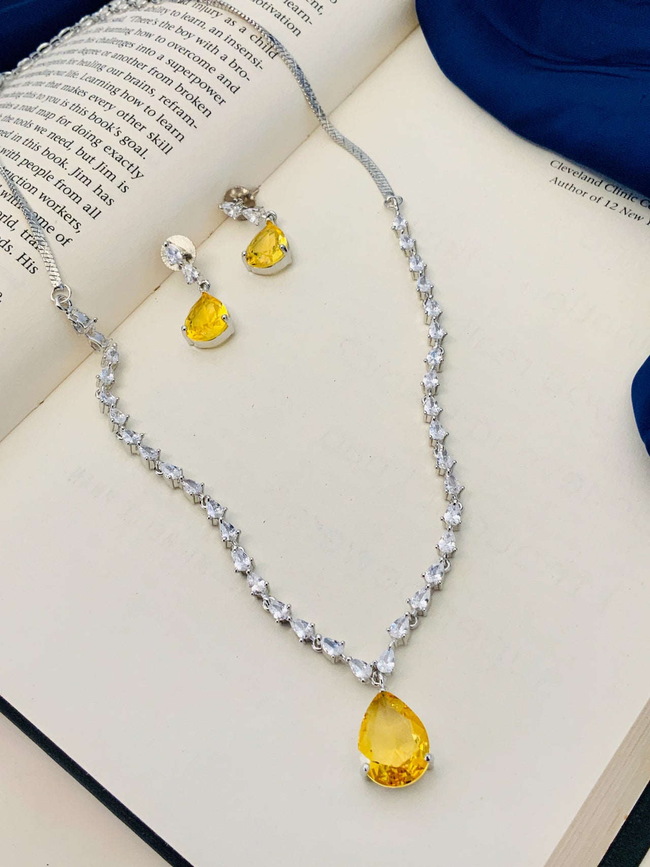 Silver Plated Necklace Set American Diamonds And yellow Stone