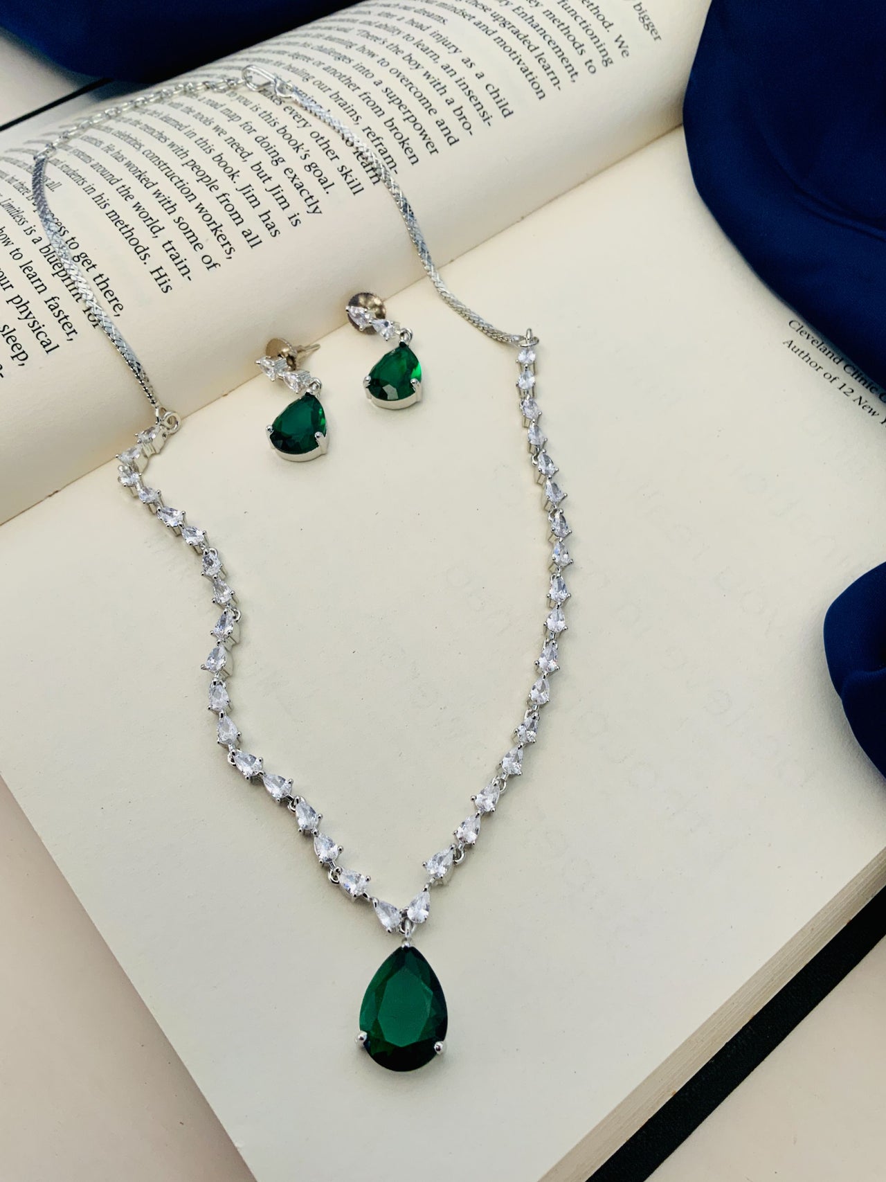 Silver Plated Necklace Set American Diamonds And Green Stone