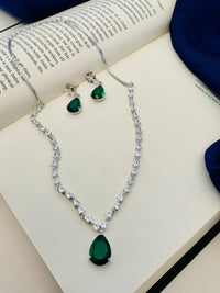 Thumbnail for Silver Plated Necklace Set American Diamonds And Green Stone