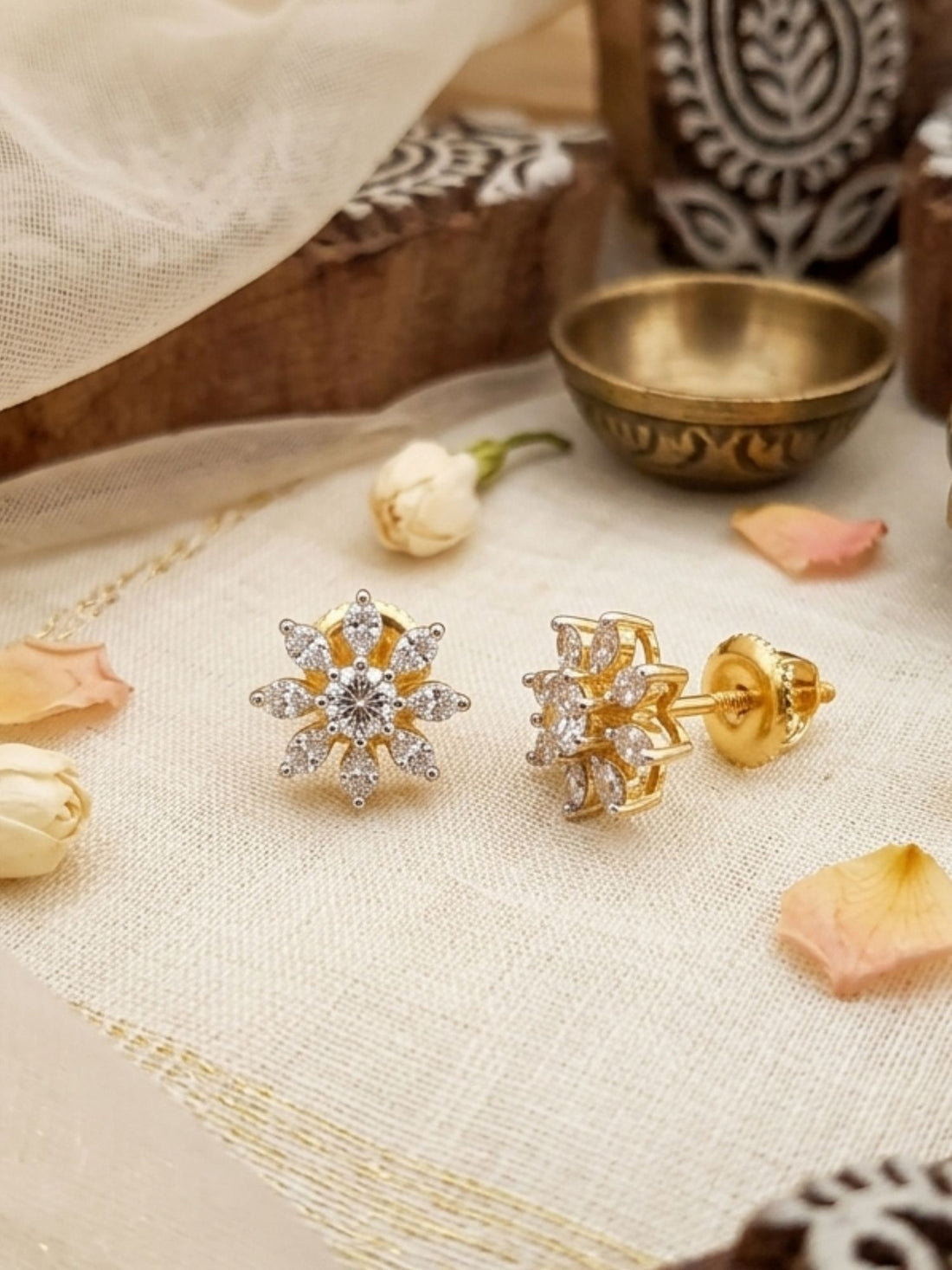 925 Silver Floral Elegant Stud Earrings in Gold Plating | Abdesigns