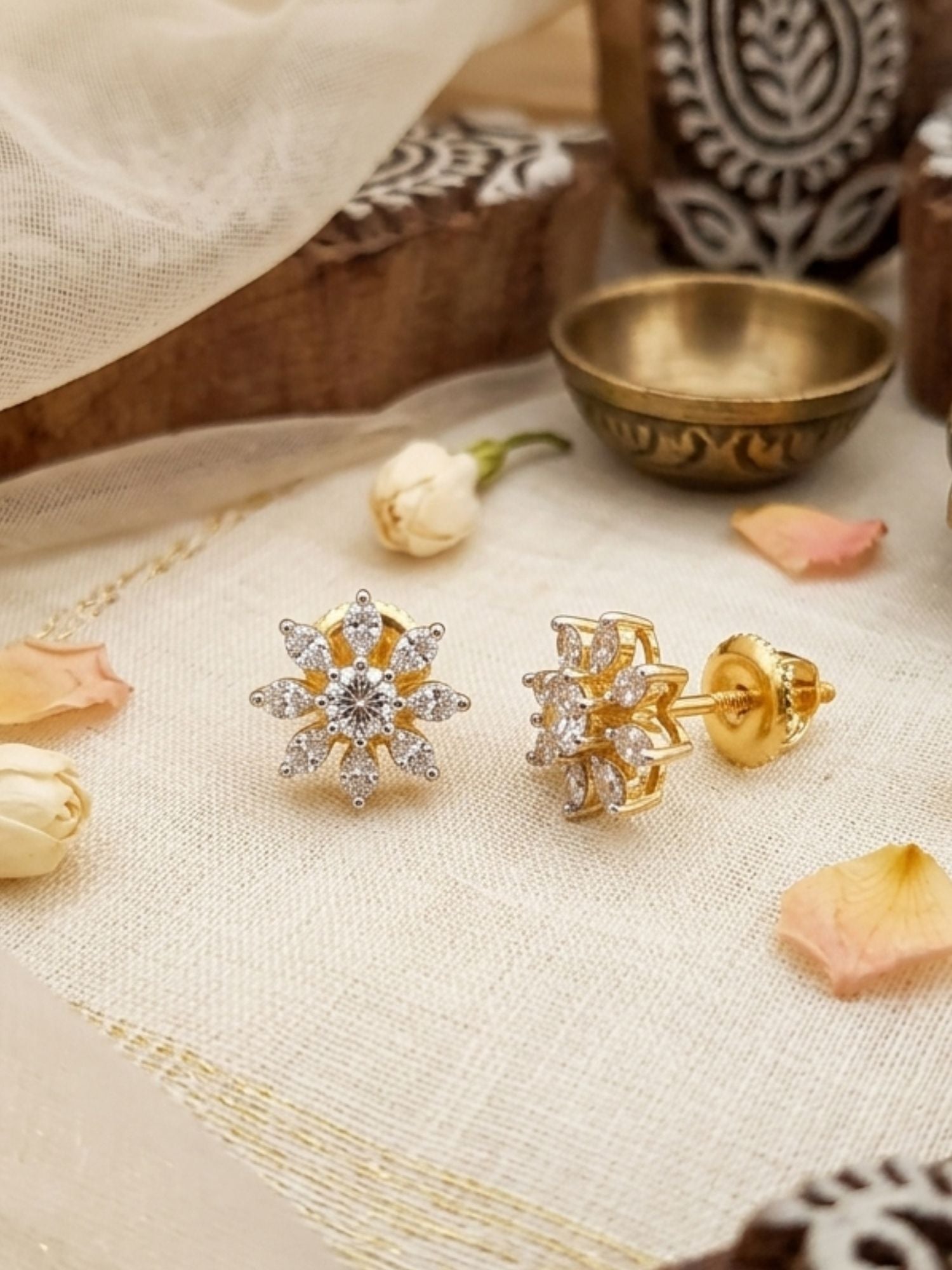 925 Silver Floral Elegant Stud Earrings in Gold Plating | Abdesigns