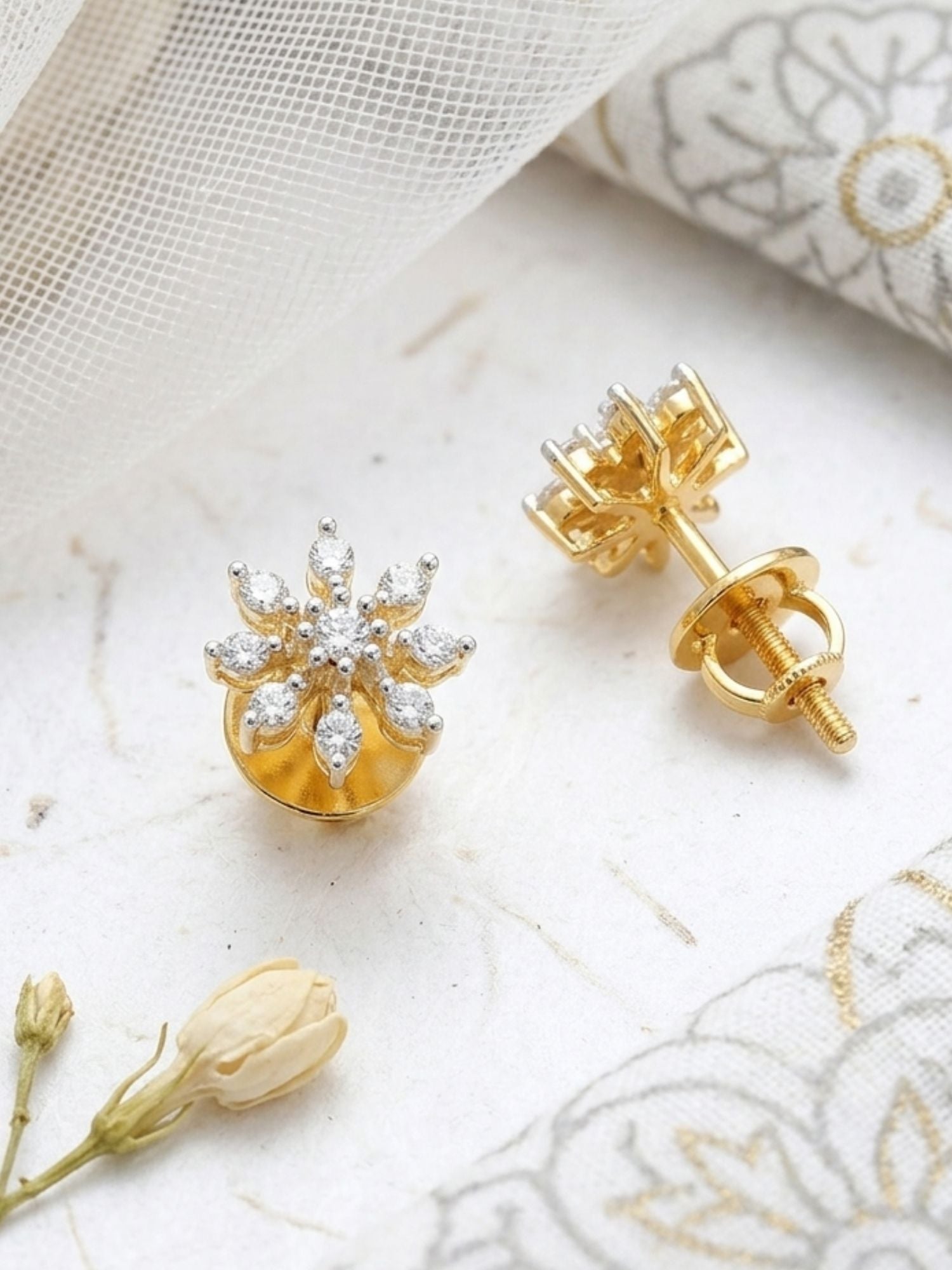925 Silver Floral Elegant Stud Earrings in Gold Plating | Abdesigns