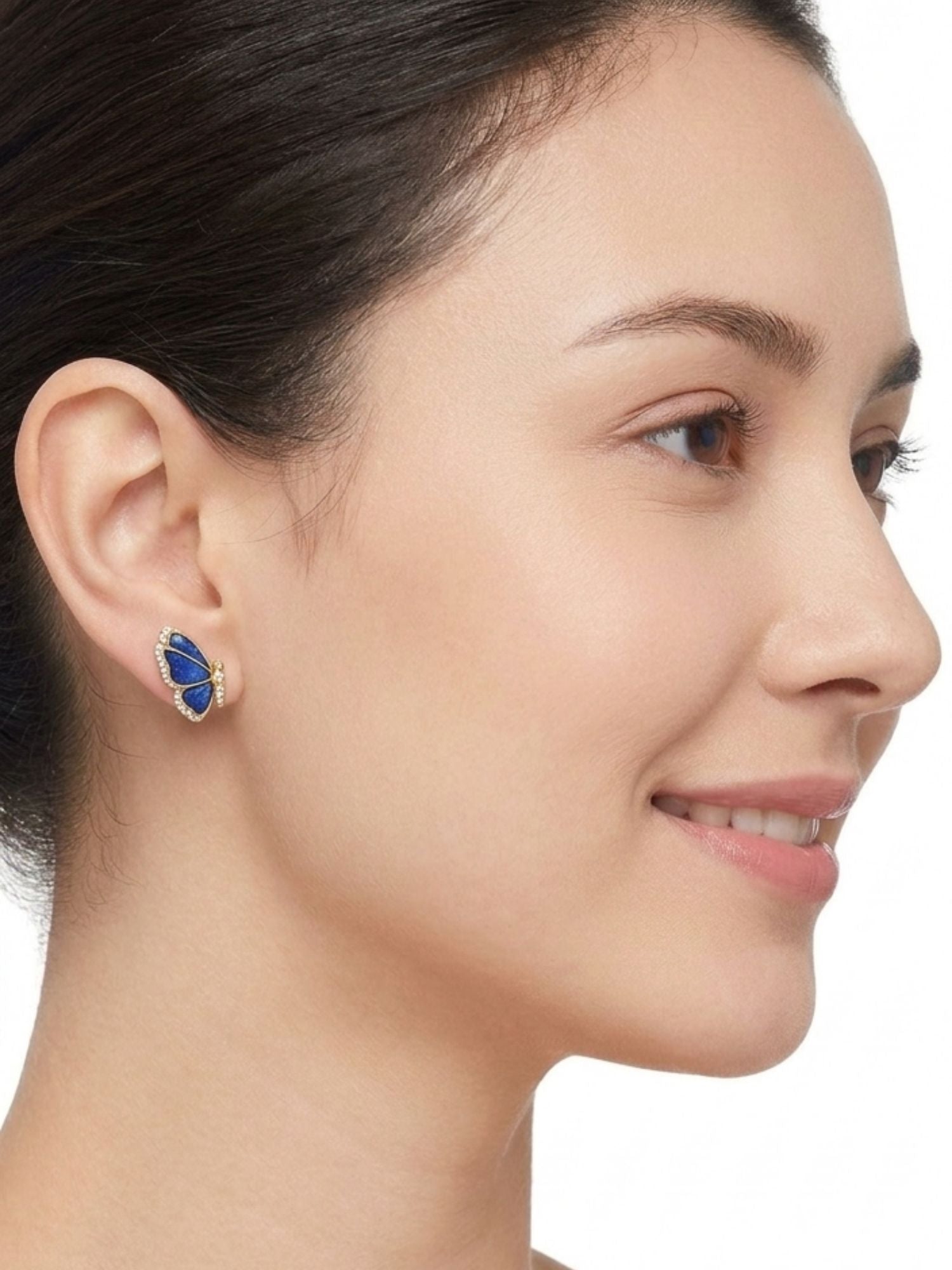 925 Sterling Silver Gold Plated Blue Butterfly Diamond Stud Earrings