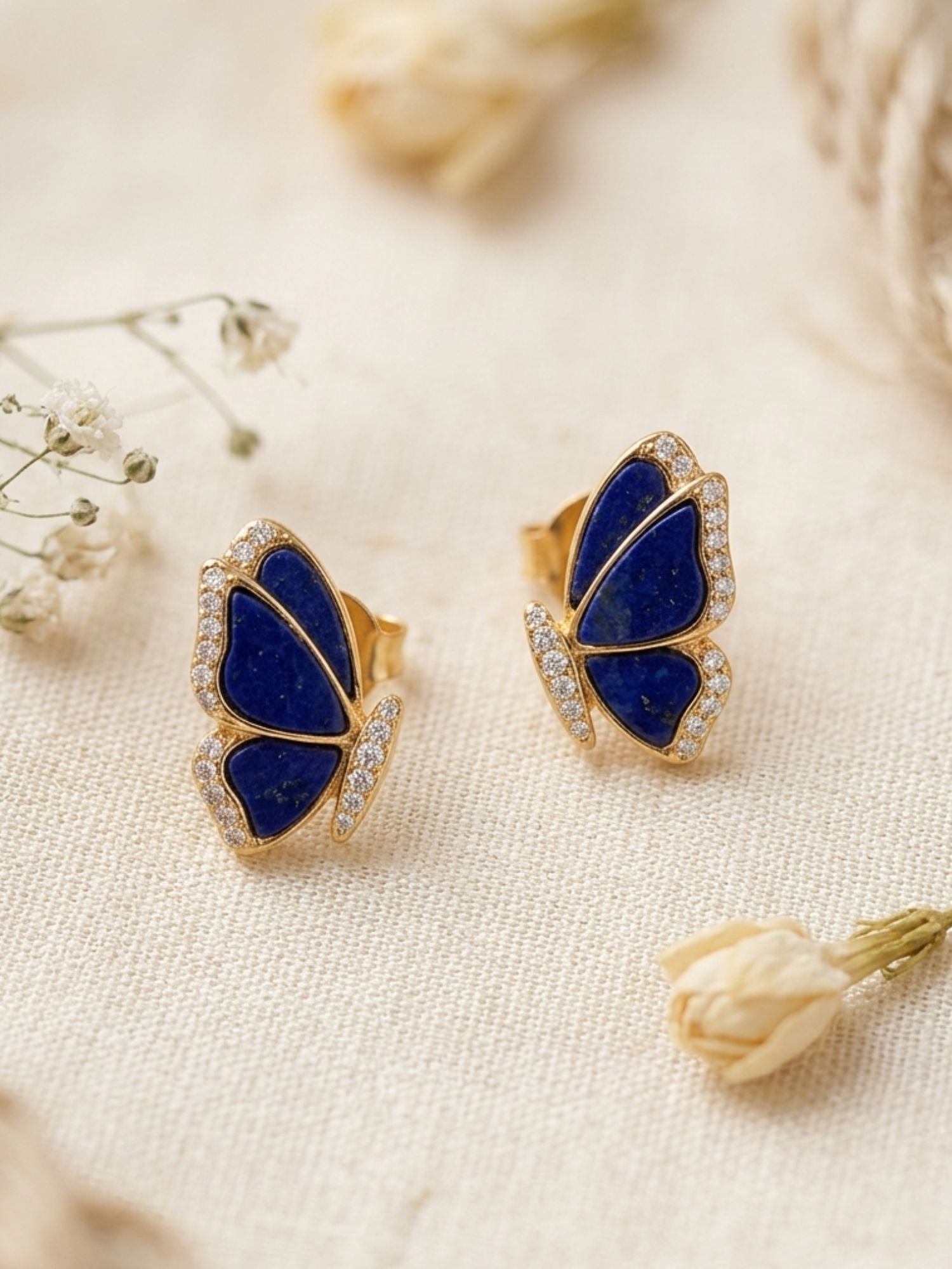 925 Sterling Silver Gold Plated Blue Butterfly Diamond Stud Earrings