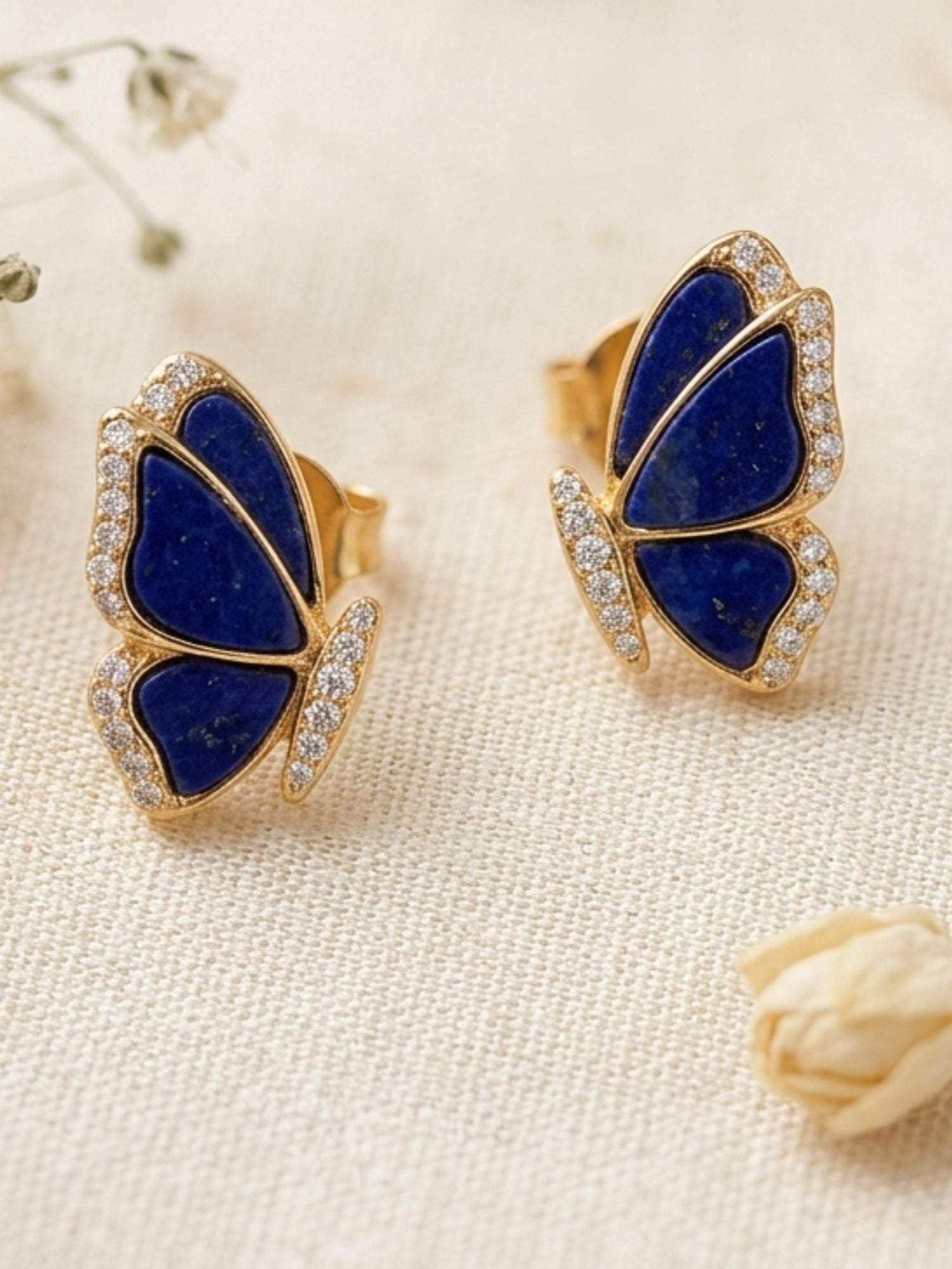 925 Sterling Silver Gold Plated Blue Butterfly Diamond Stud Earrings