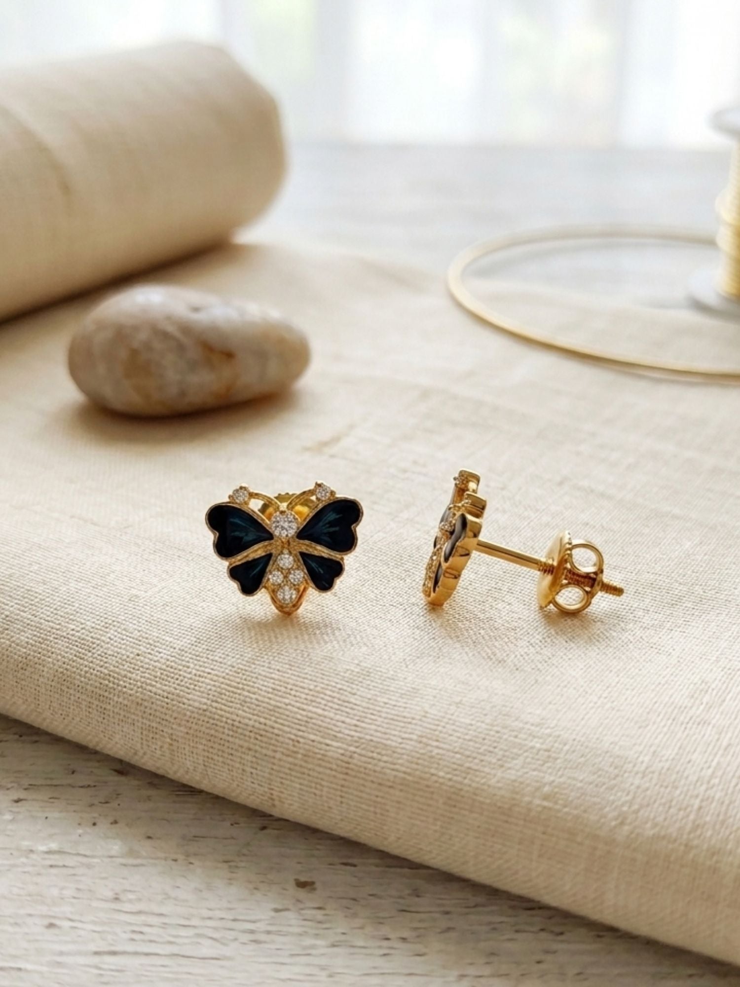 925 Sterling Silver Gold Plated Blue Butterfly Stud Earrings