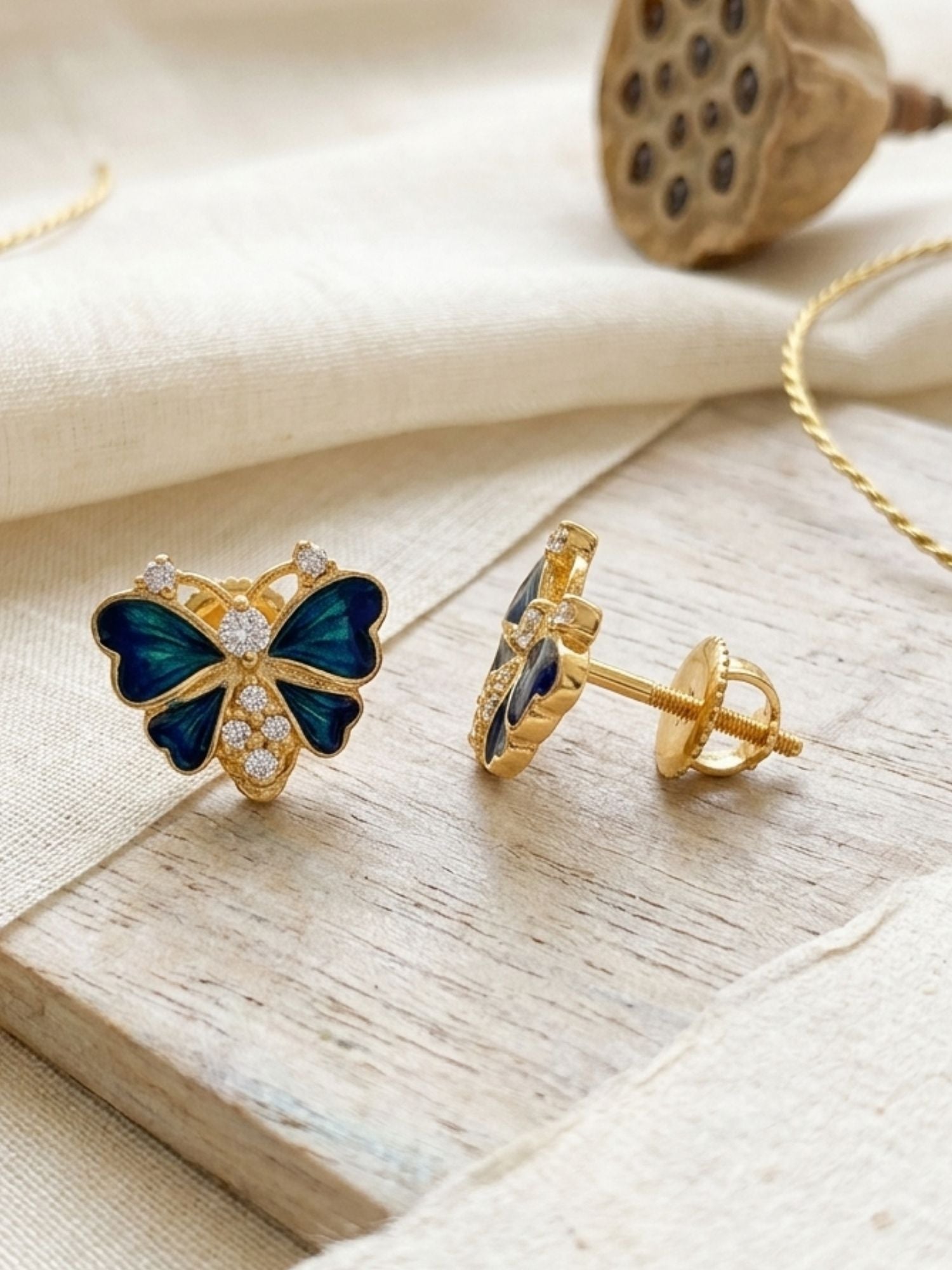 925 Sterling Silver Gold Plated Blue Butterfly Stud Earrings