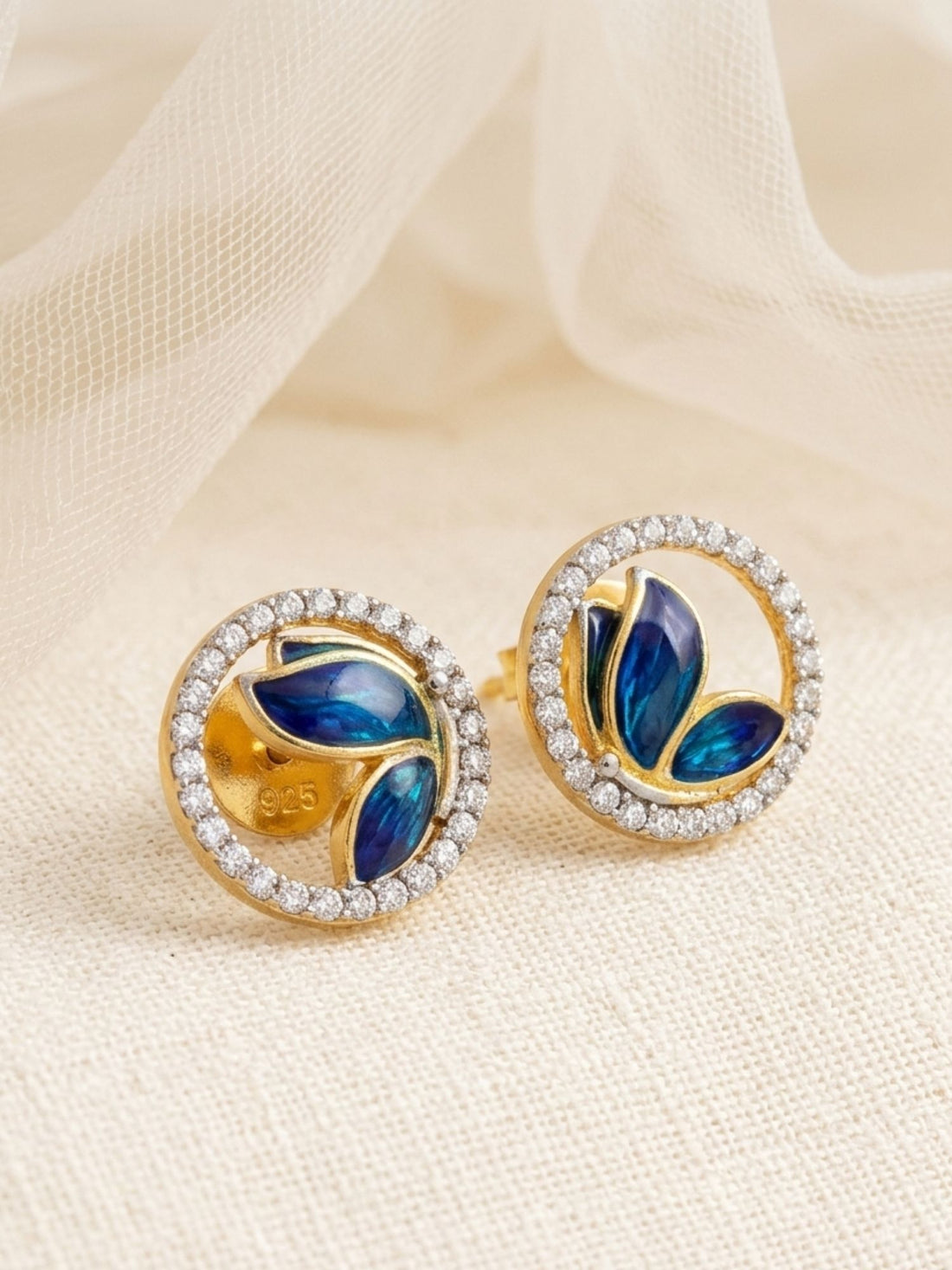 925 Sterling Silver Gold Plated Round Blue Butterfly Stud Earrings