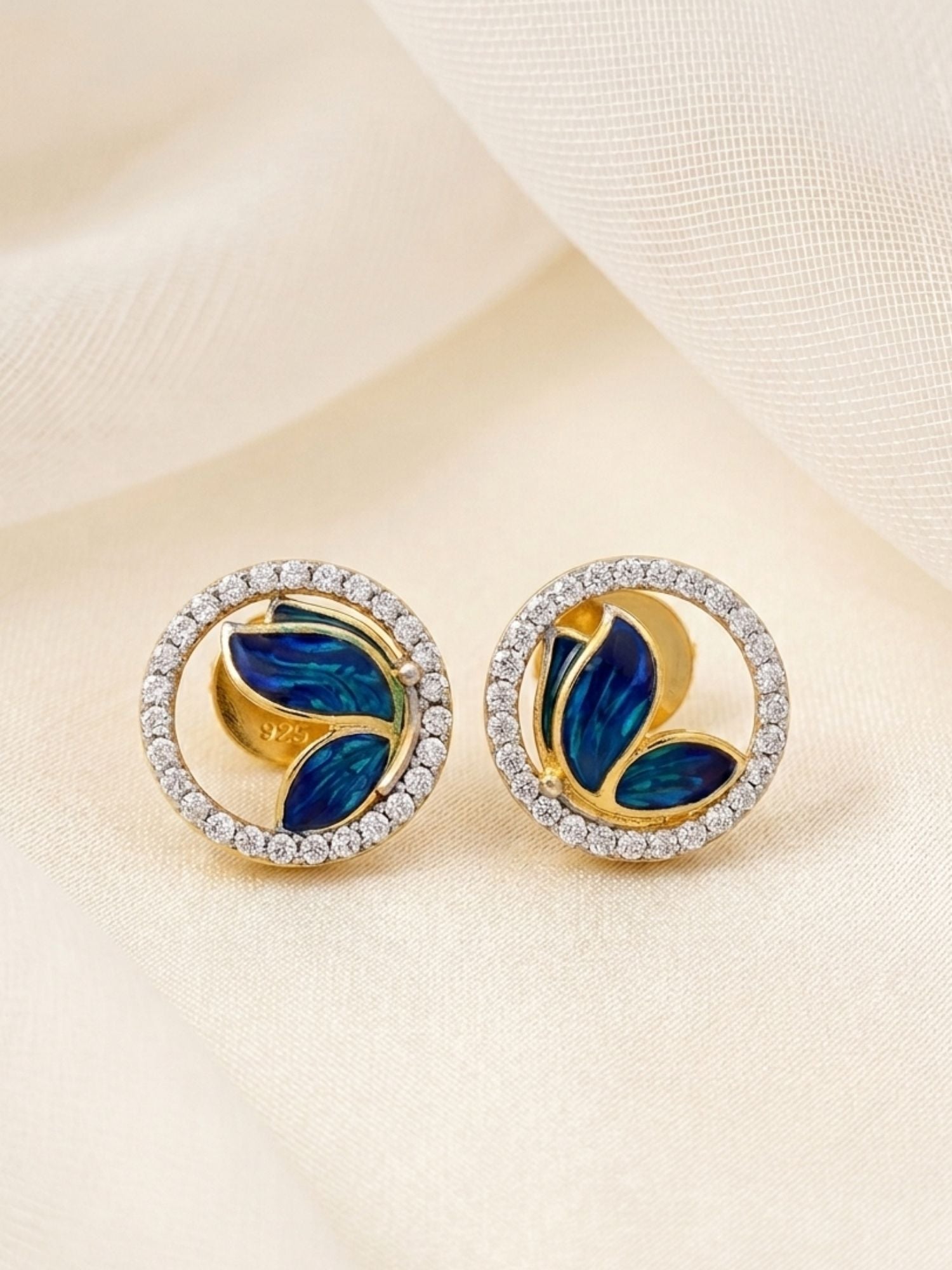 925 Sterling Silver Gold Plated Round Blue Butterfly Stud Earrings
