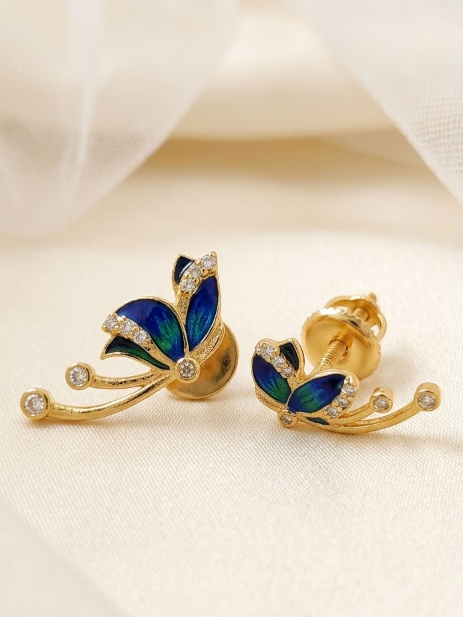 925 Sterling Silver Gold Plated Meenakari Blue Butterfly Stud Earrings