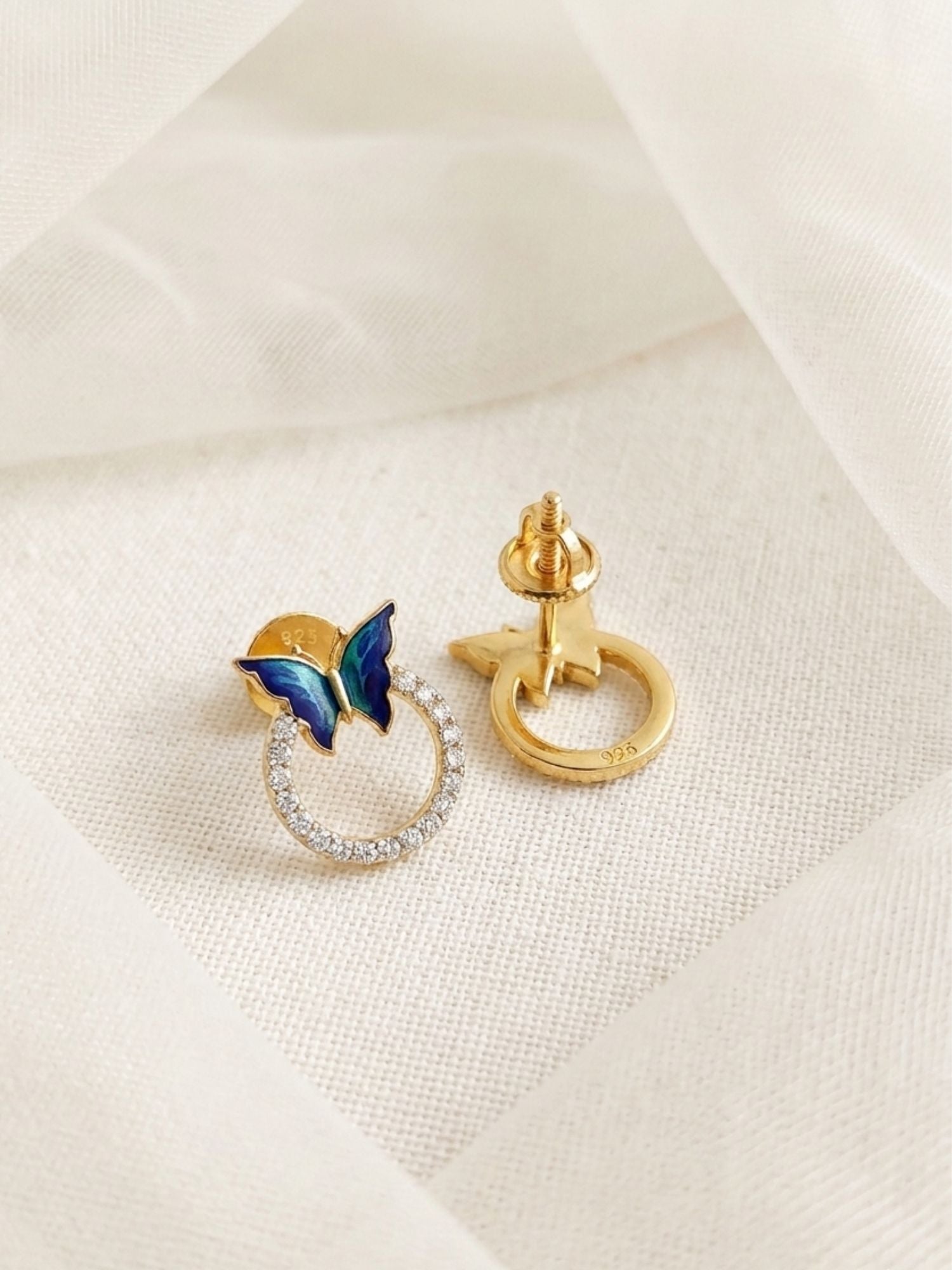 925 Sterling Silver Gold Plated Blue Butterfly Stud Earrings