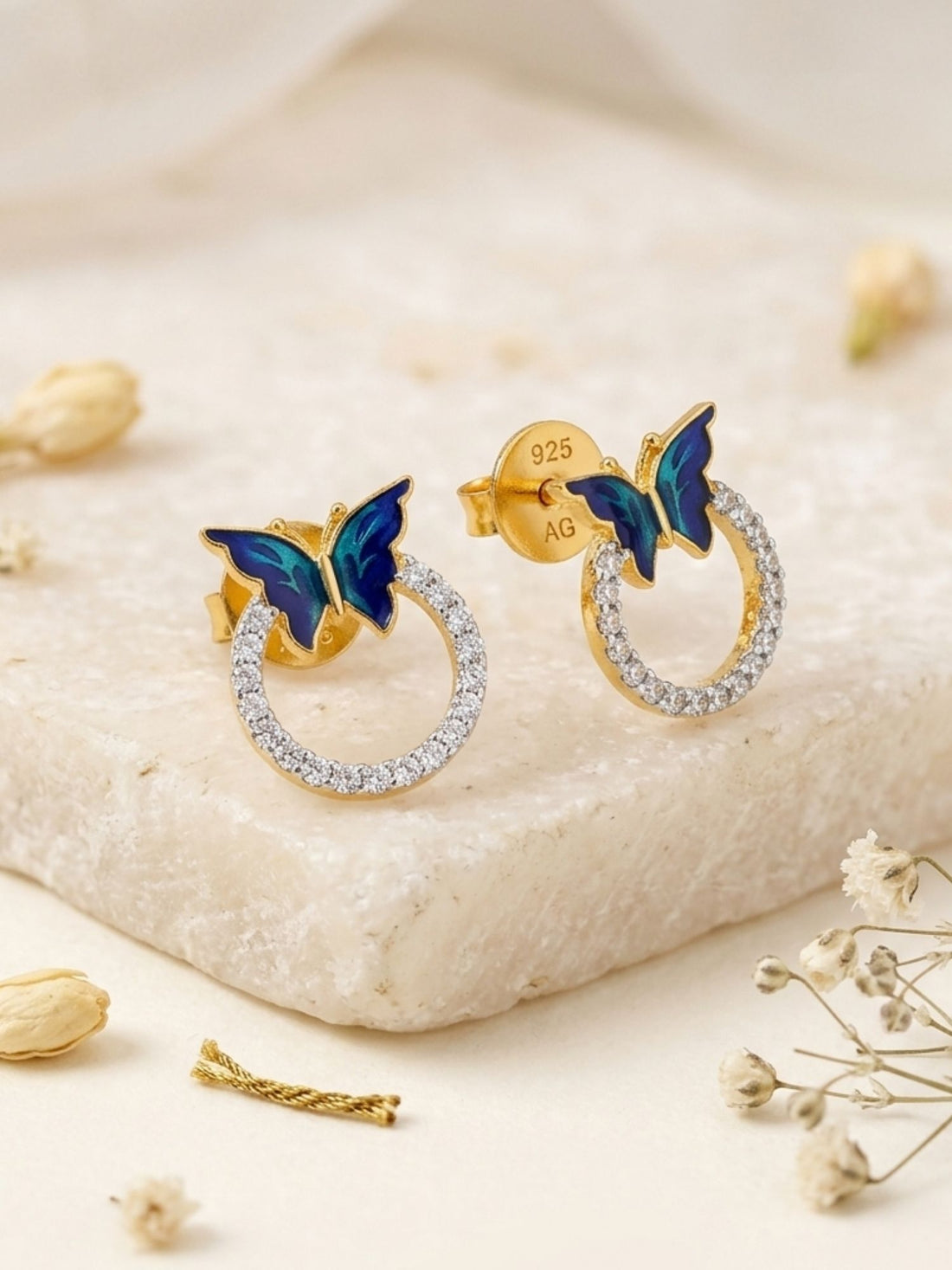 925 Sterling Silver Gold Plated Blue Butterfly Stud Earrings
