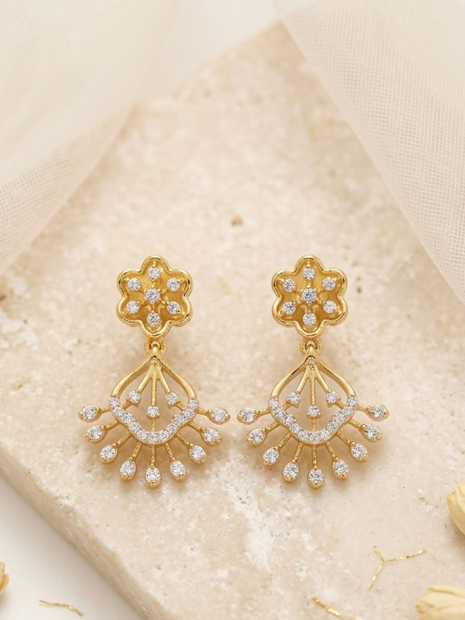 925 Sterling Silver Gold Plated Floral Drop Earrings with CZ
