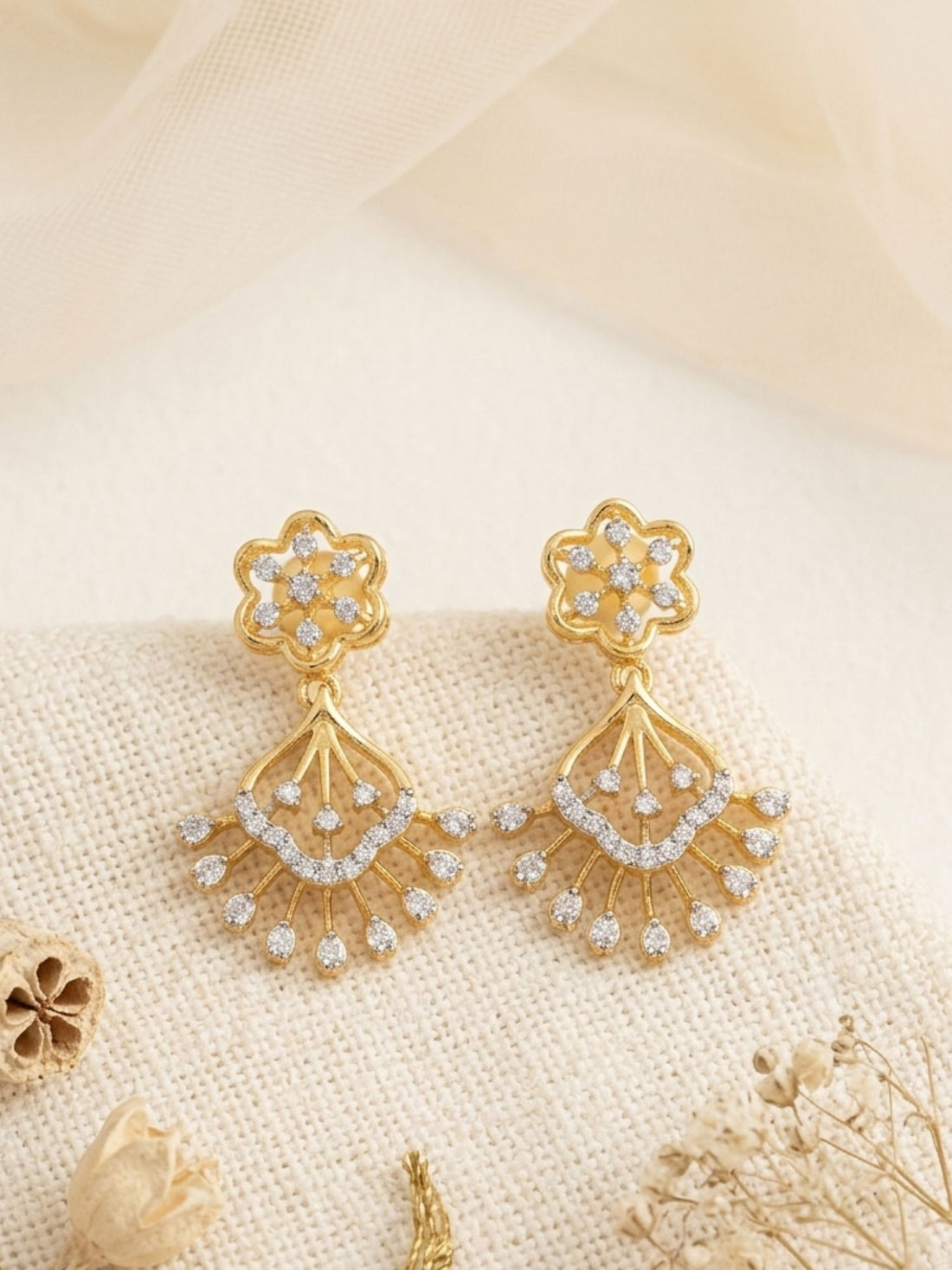 925 Sterling Silver Gold Plated Floral Drop Earrings with CZ