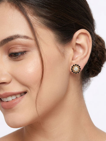 925 Sterling Silver Gold Plated Black Bead Floral Stud Earrings