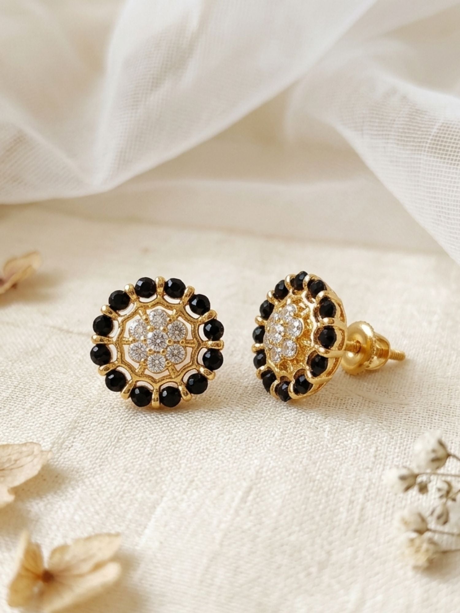 925 Sterling Silver Gold Plated Black Bead Floral Stud Earrings