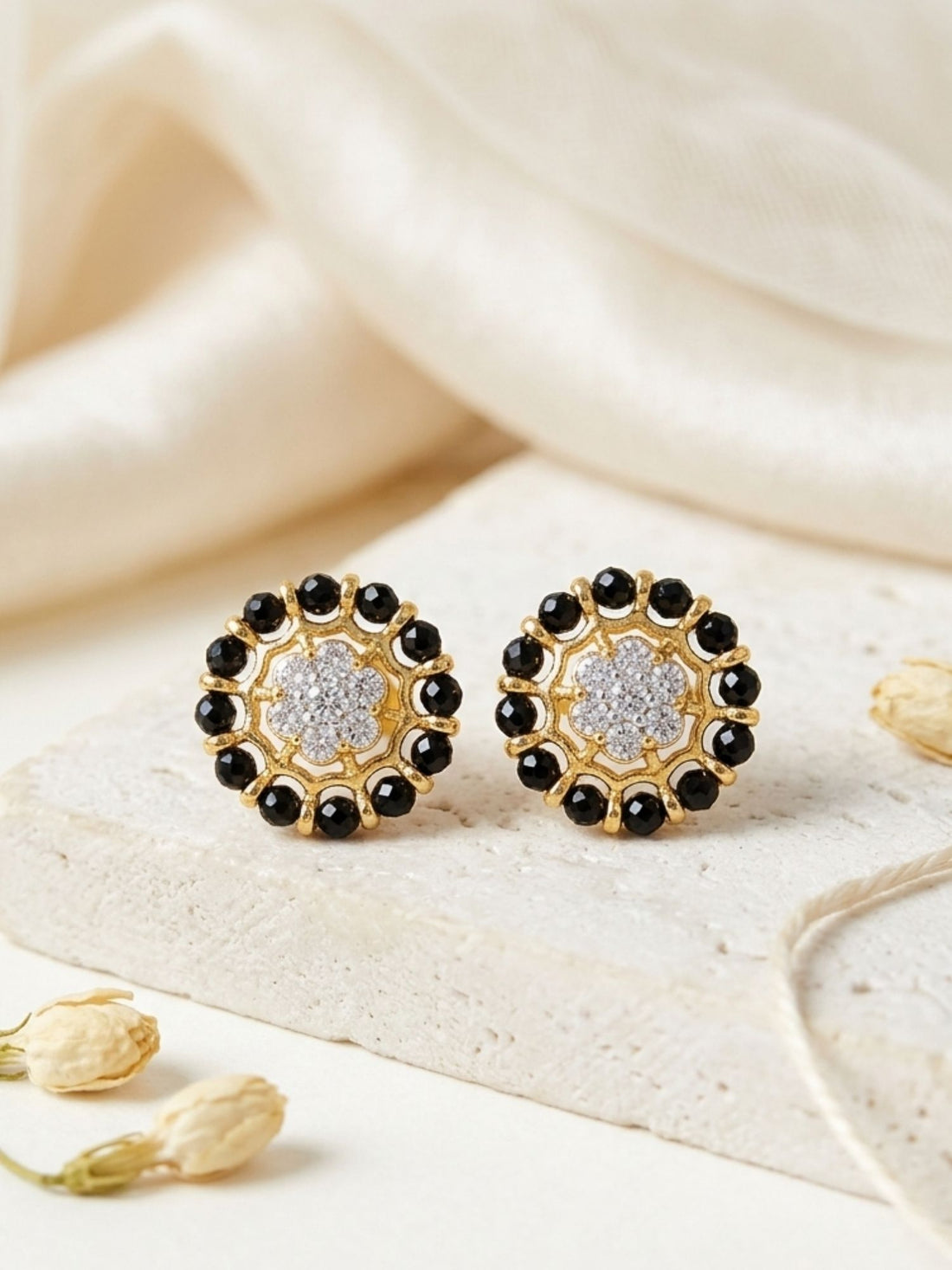 925 Sterling Silver Gold Plated Black Bead Floral Stud Earrings