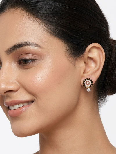 925 Sterling Silver Gold Plated Black Bead CZ Drop Stud Earrings
