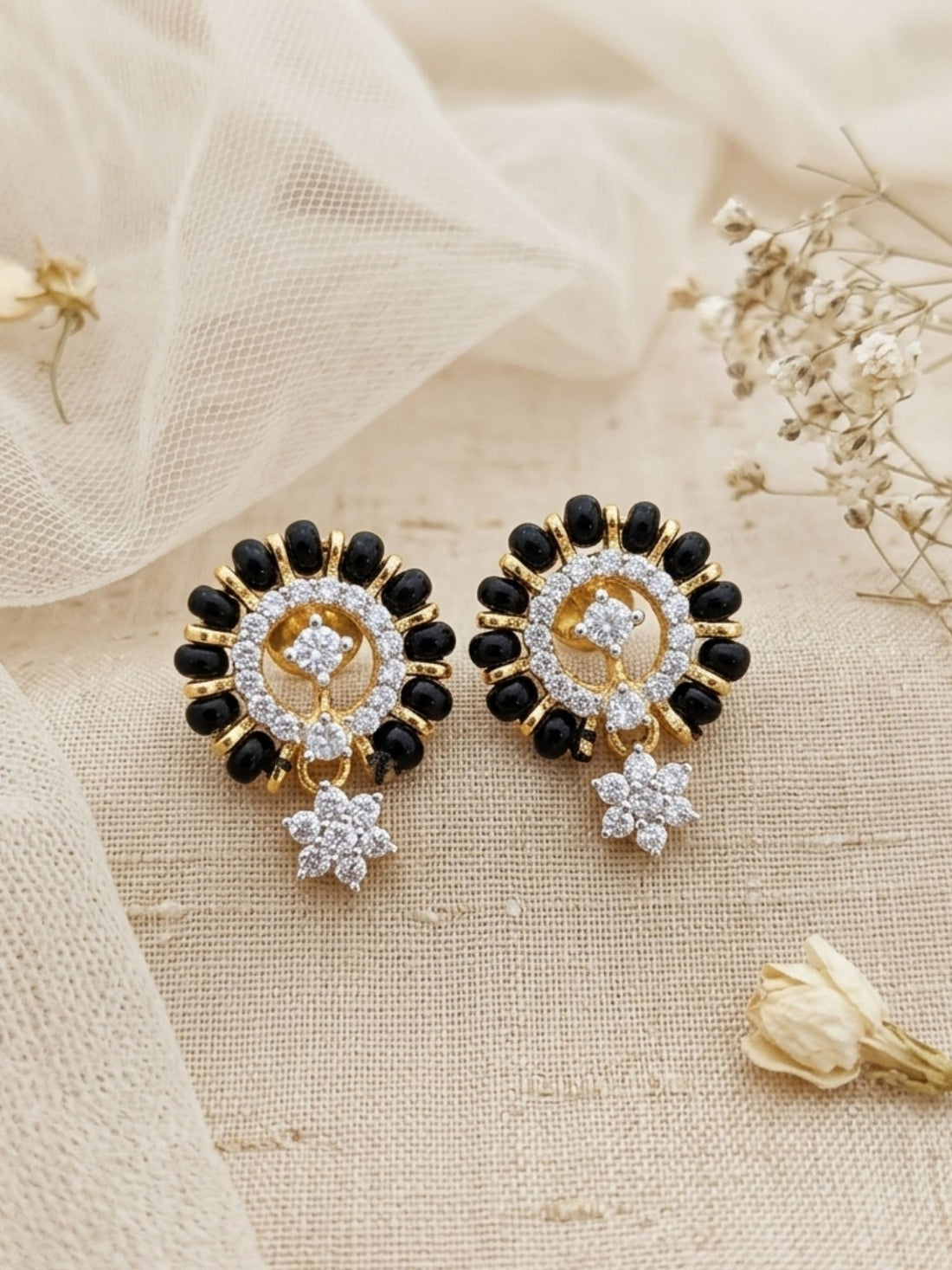 925 Sterling Silver Gold Plated Black Bead CZ Drop Stud Earrings