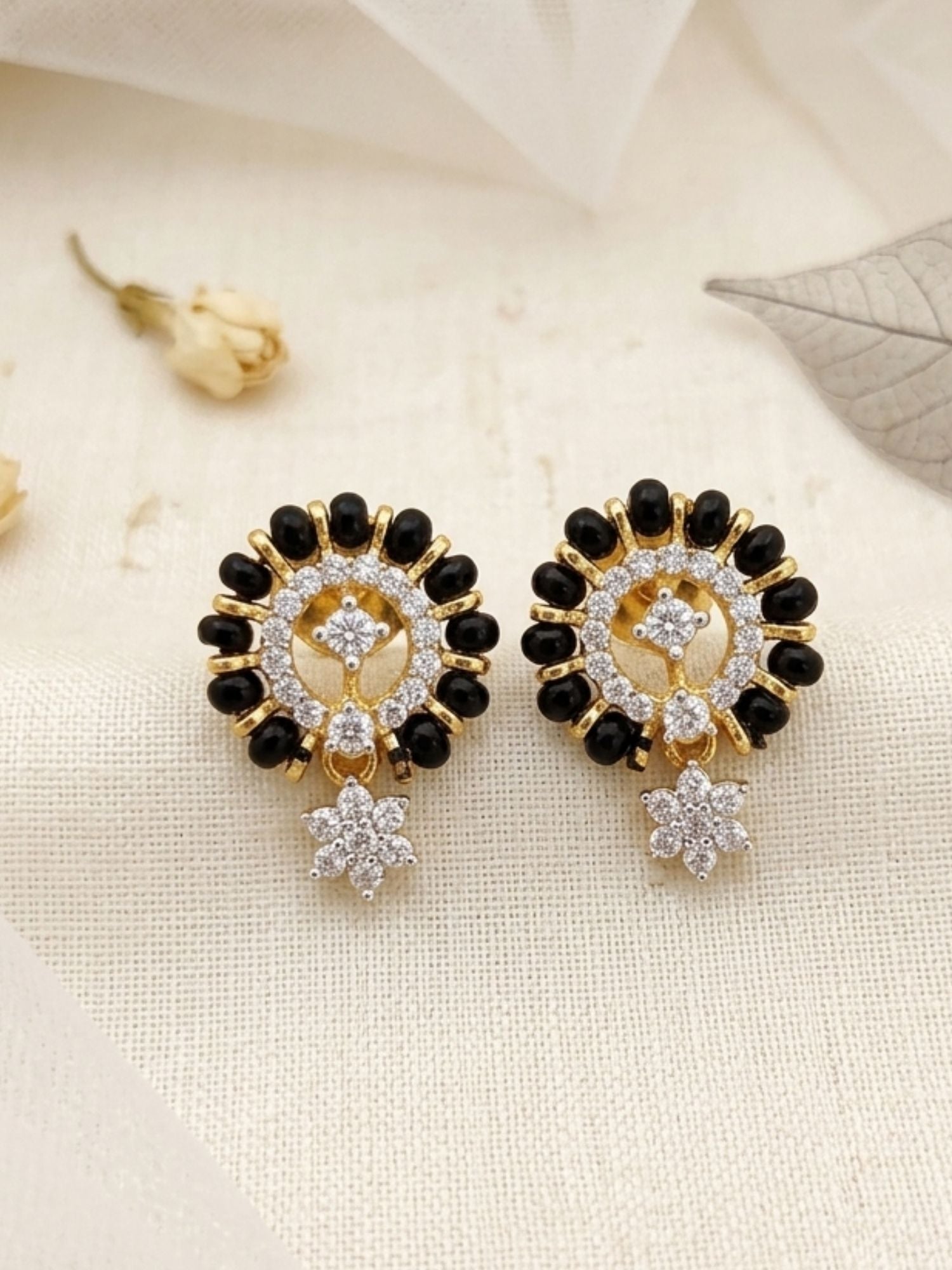925 Sterling Silver Gold Plated Black Bead CZ Drop Stud Earrings
