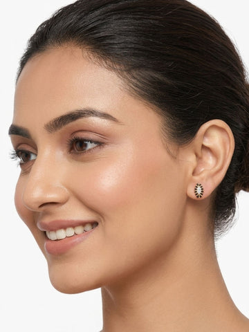 925 Sterling Silver Gold Plated Black Bead Marquise CZ Stud Earrings