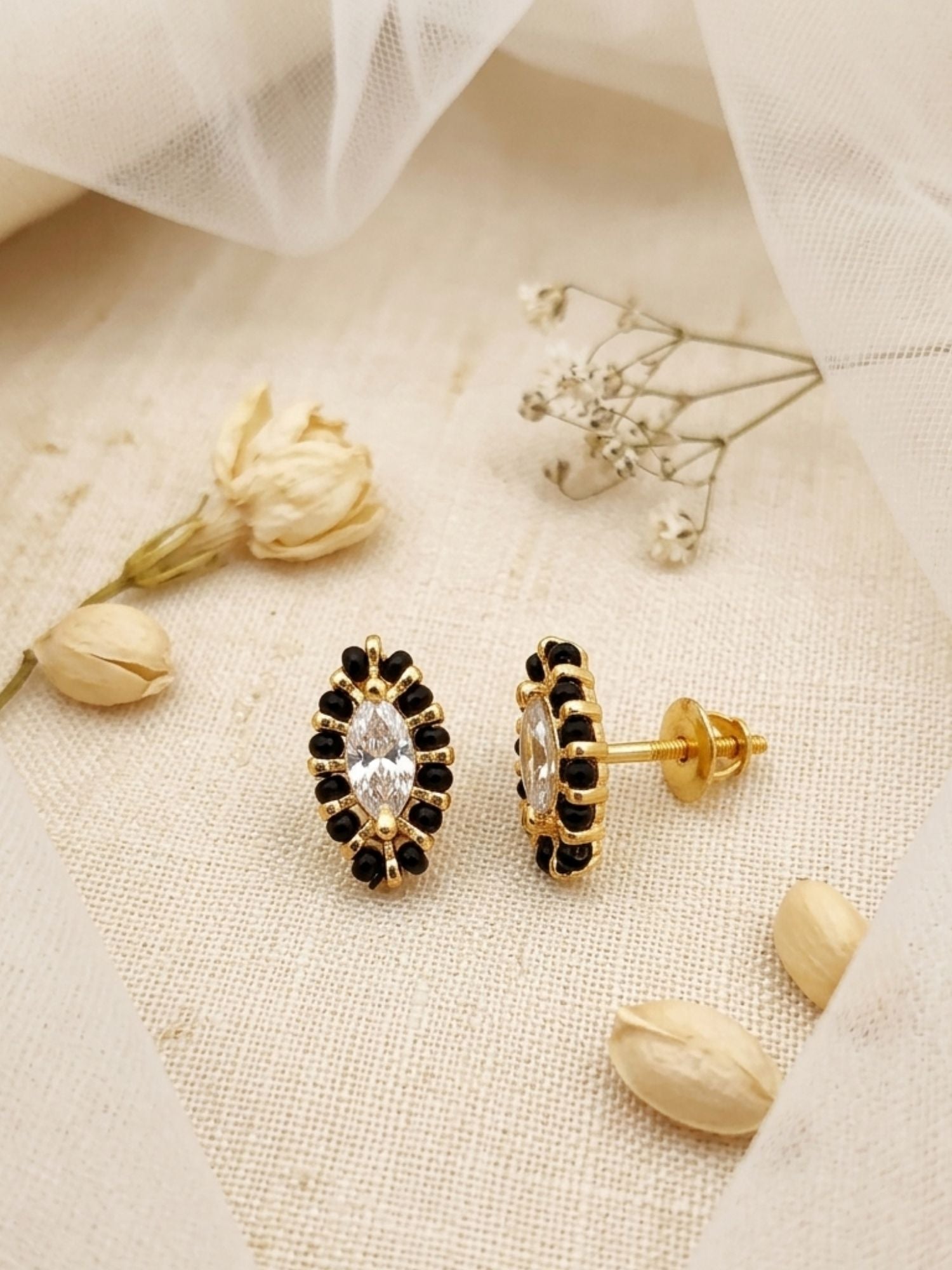 925 Sterling Silver Gold Plated Black Bead Marquise CZ Stud Earrings