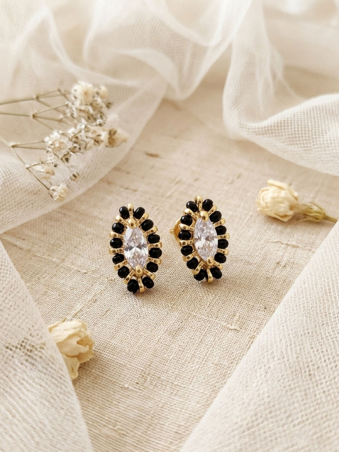 925 Sterling Silver Gold Plated Black Bead Marquise CZ Stud Earrings
