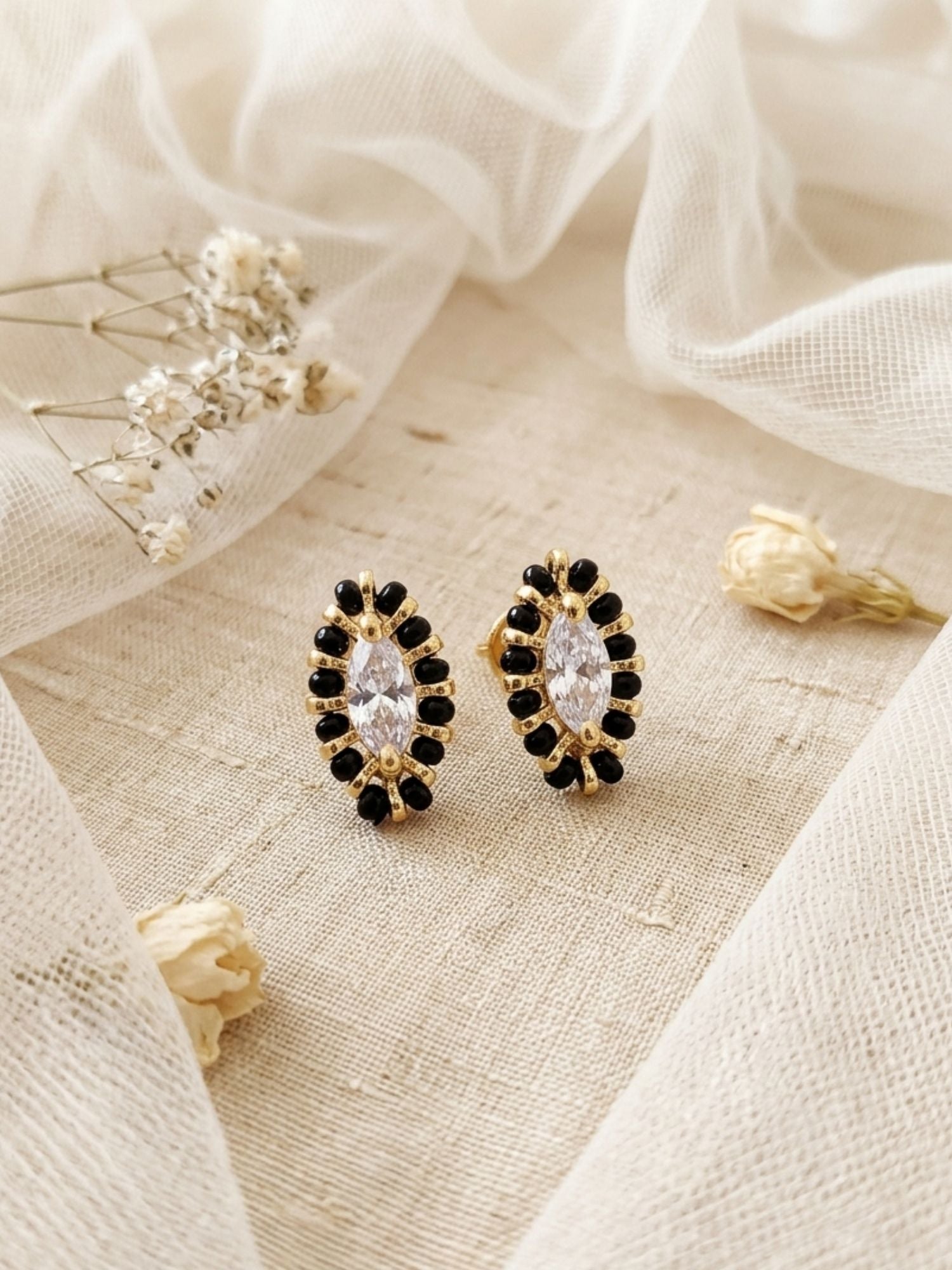 925 Sterling Silver Gold Plated Black Bead Marquise CZ Stud Earrings