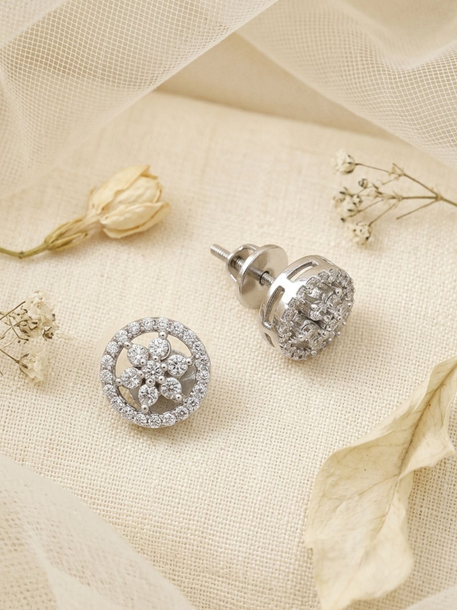 925 Sterling Silver Floral Halo Stud Earrings with Cubic Zirconia