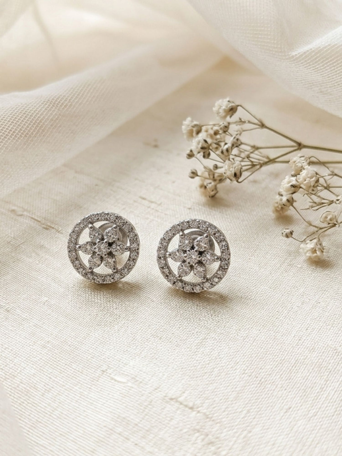 925 Sterling Silver Floral Halo Stud Earrings with Cubic Zirconia