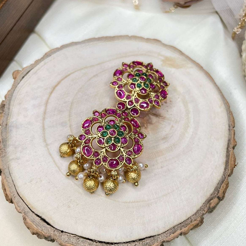 Antique Pink Flower Kemp Stone Saree Pin - Abdesignsjewellery
