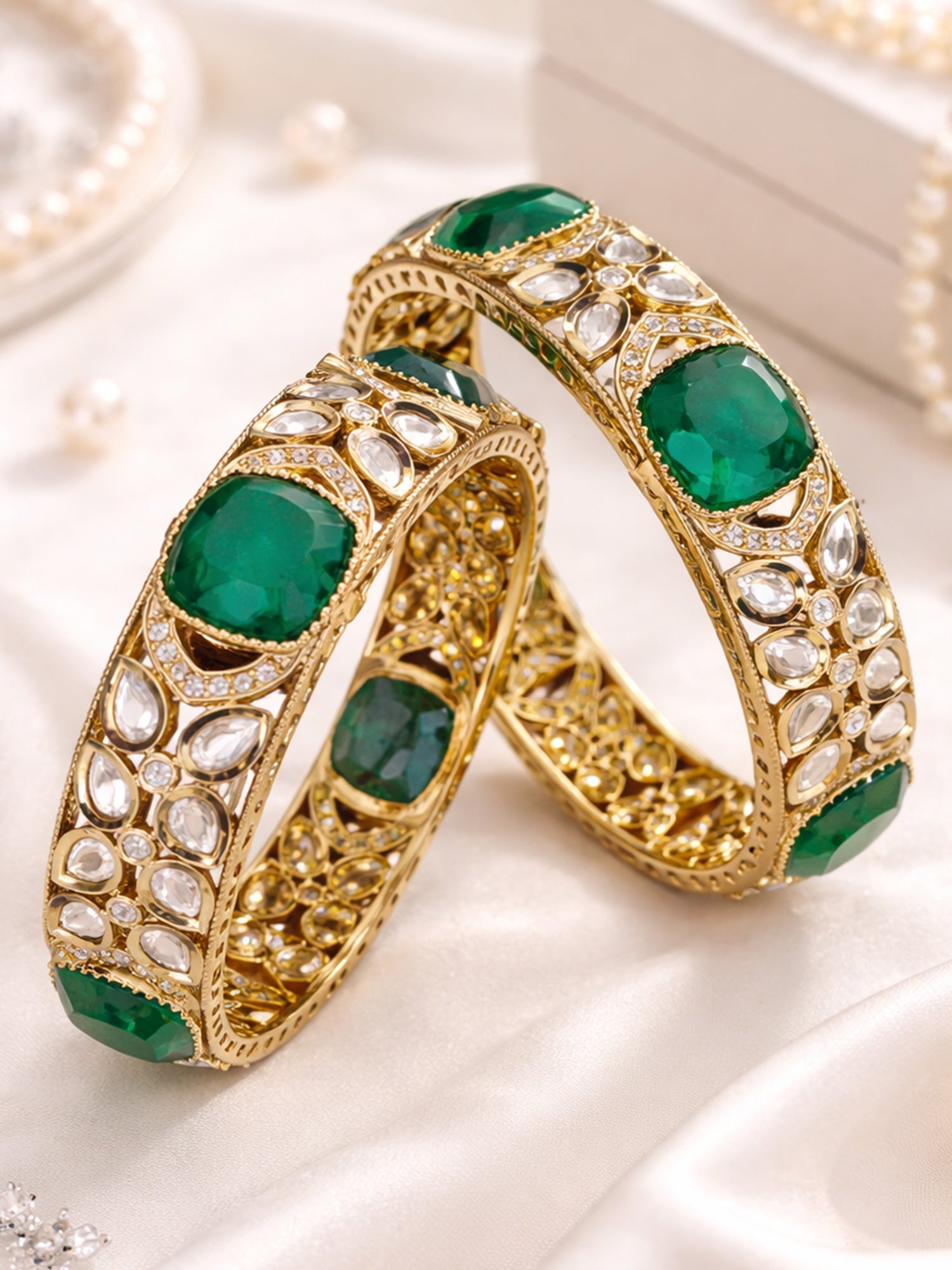 Abdesigns Antique Victorian Plating Green Emerald Polki Kada Bangles