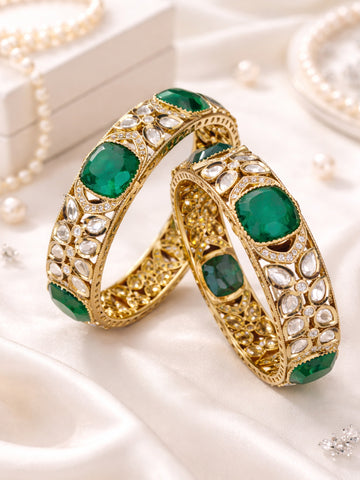 Abdesigns Antique Victorian Plating Green Emerald Polki Kada Bangles