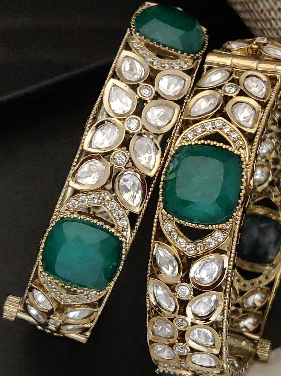 Abdesigns Victorian Plated Bangle Set with Emerald Green Stones