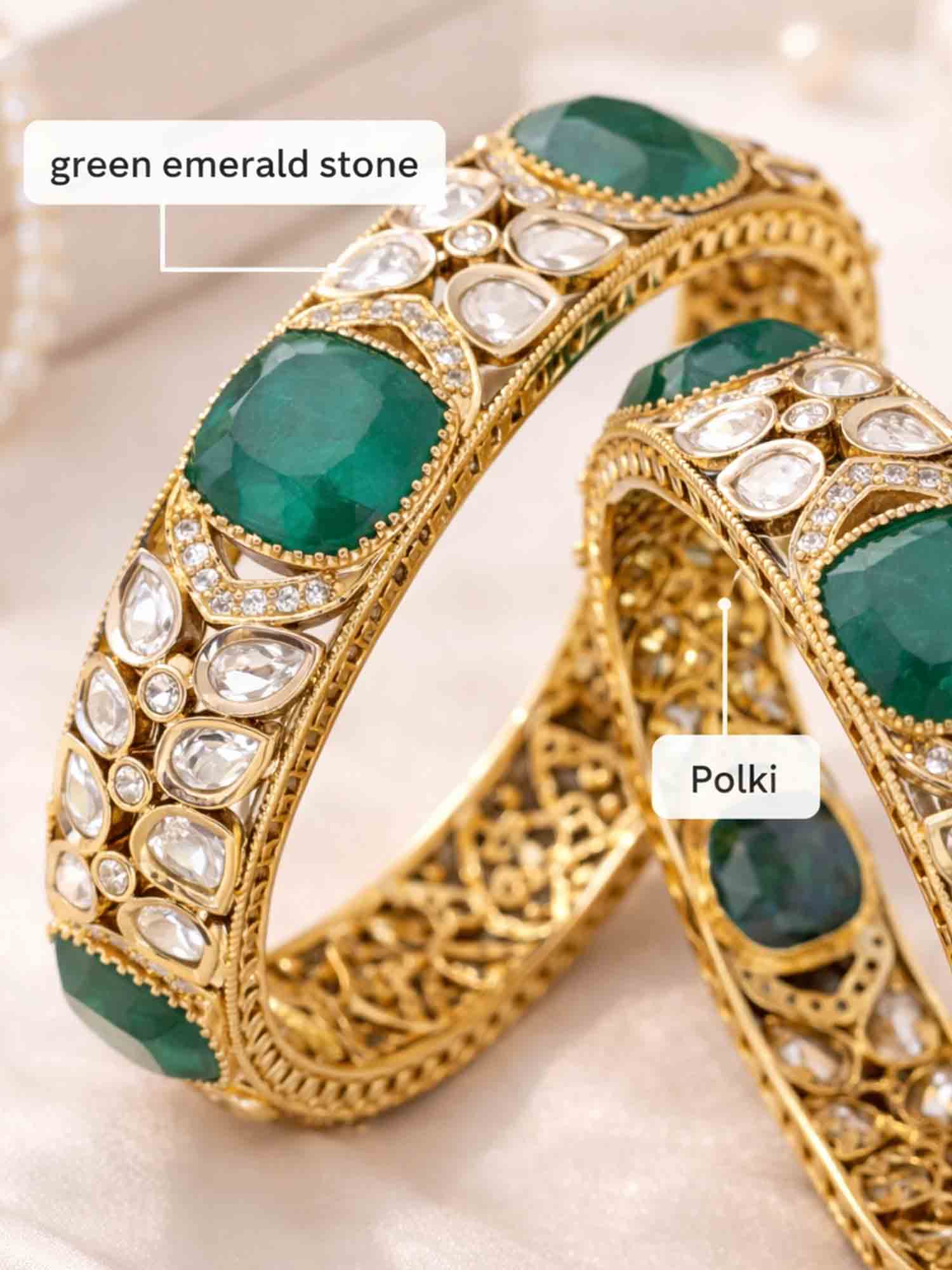 Abdesigns Antique Victorian Plating Green Emerald Polki Kada Bangles