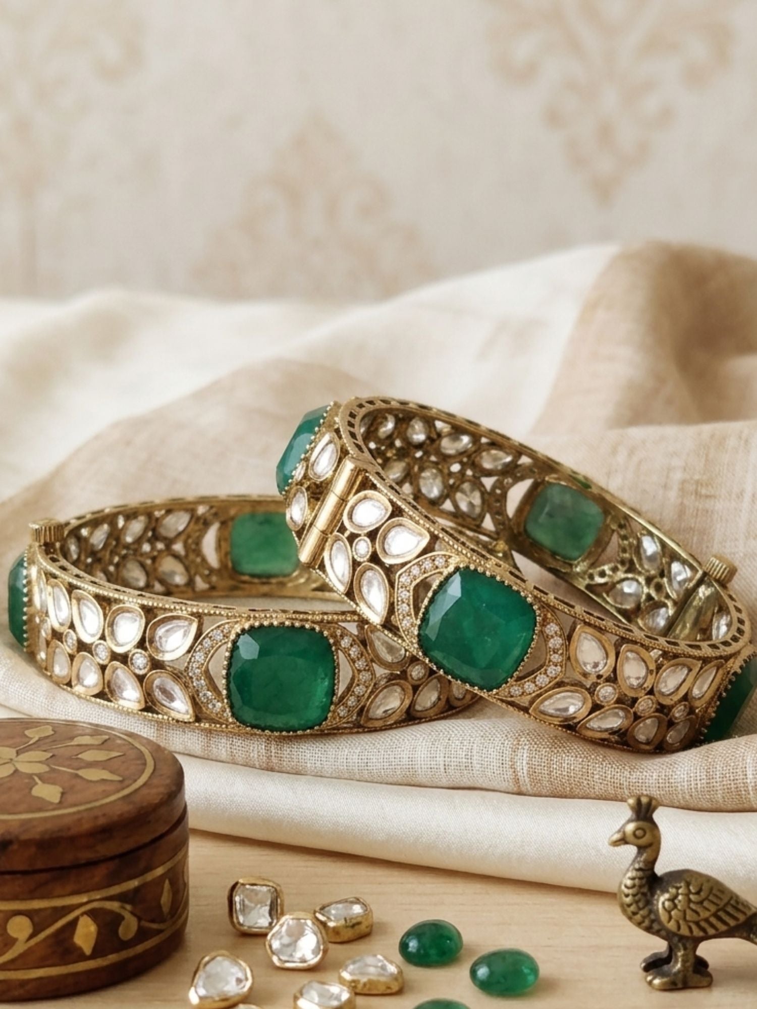Abdesigns Victorian Plated Bangle Set with Emerald Green Stones