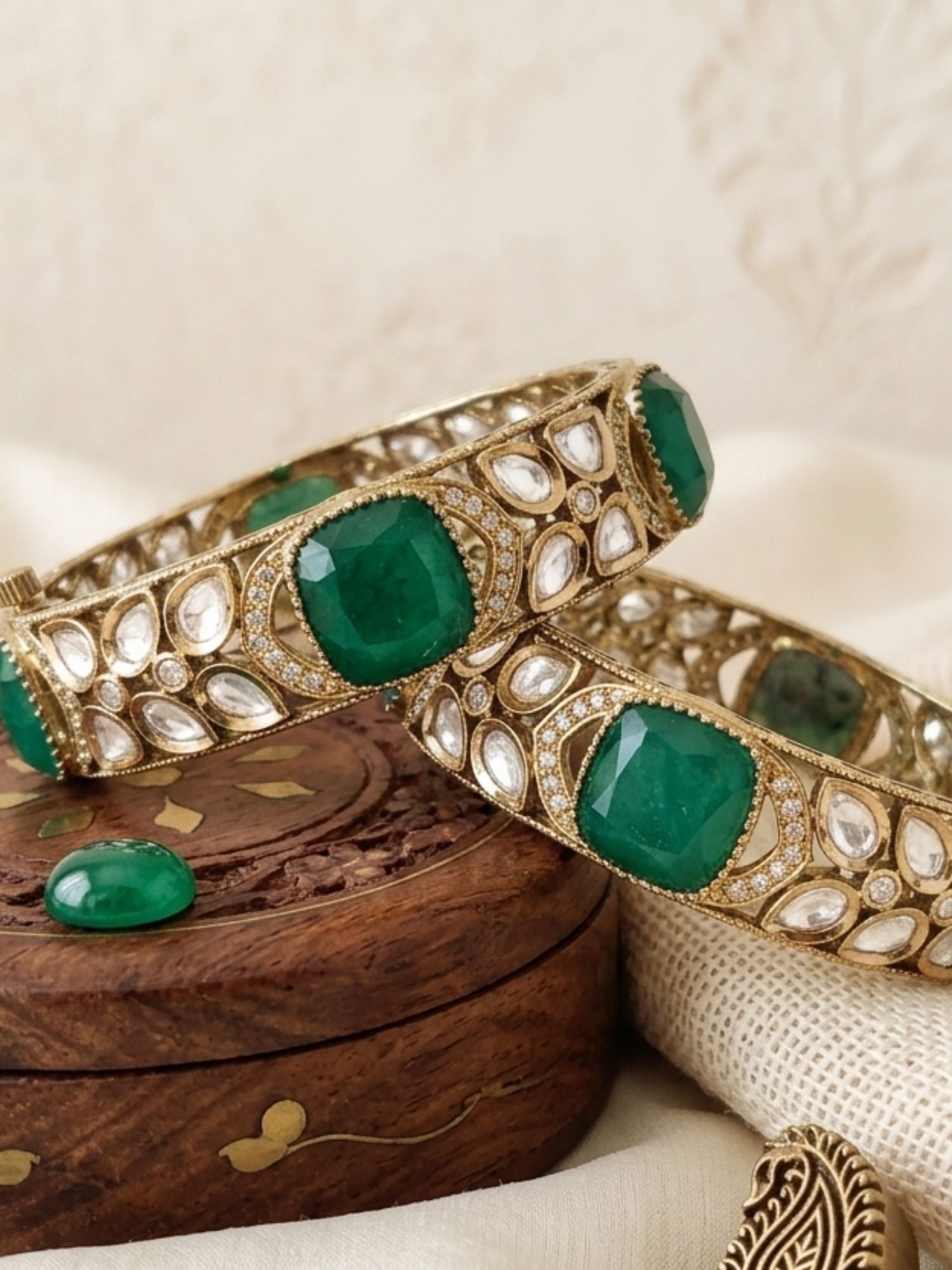 Abdesigns Victorian Plated Bangle Set with Emerald Green Stones