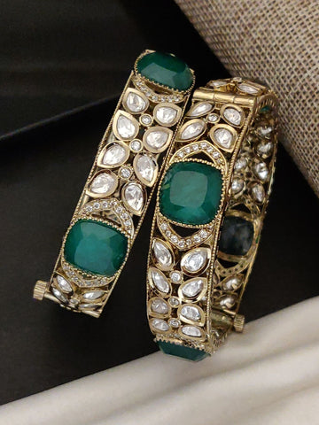 Abdesigns Victorian Plated Bangle Set with Emerald Green Stones