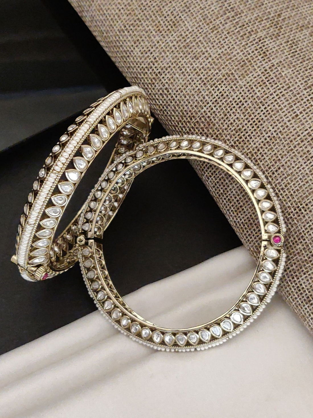 Abdesigns Antique Victorian Plated Bangle Set with Pearl & White Polki