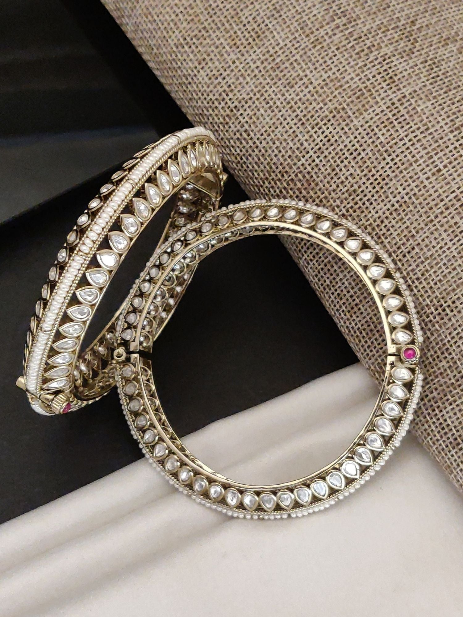 Abdesigns Antique Victorian Plated Bangle Set with Pearl & White Polki