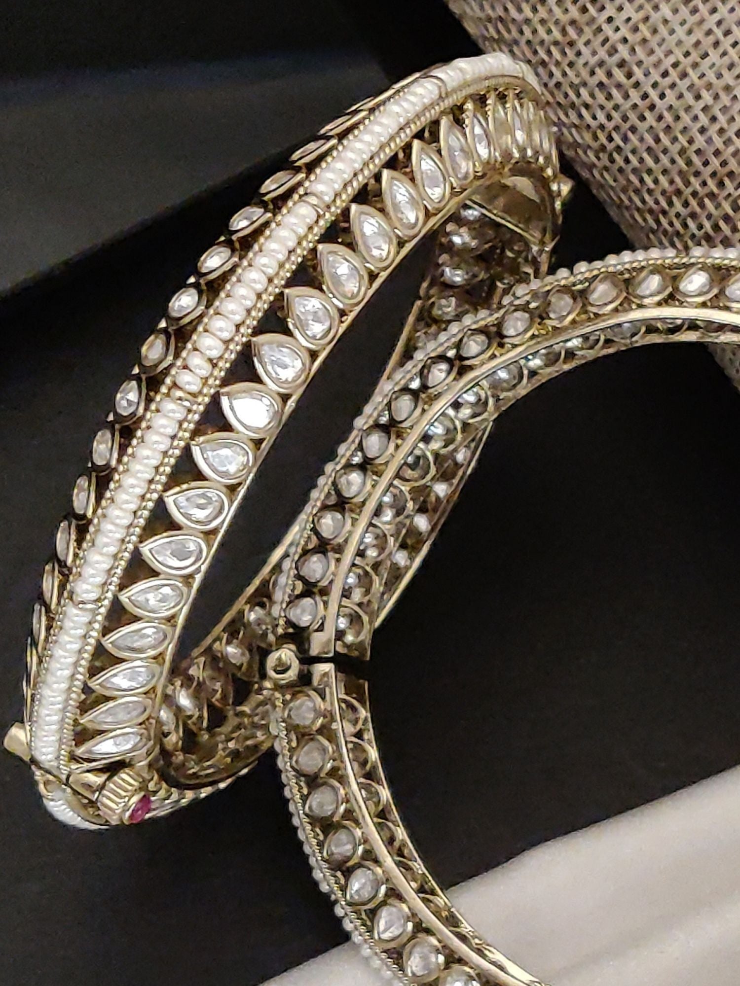 Abdesigns Antique Victorian Plated Bangle Set with Pearl & White Polki