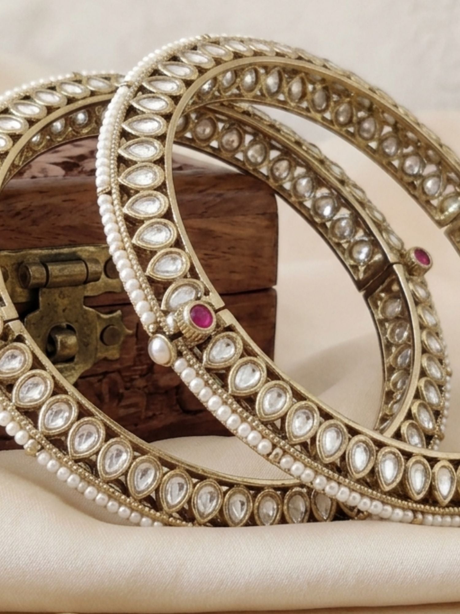 Abdesigns Antique Victorian Plated Bangle Set with Pearl & White Polki
