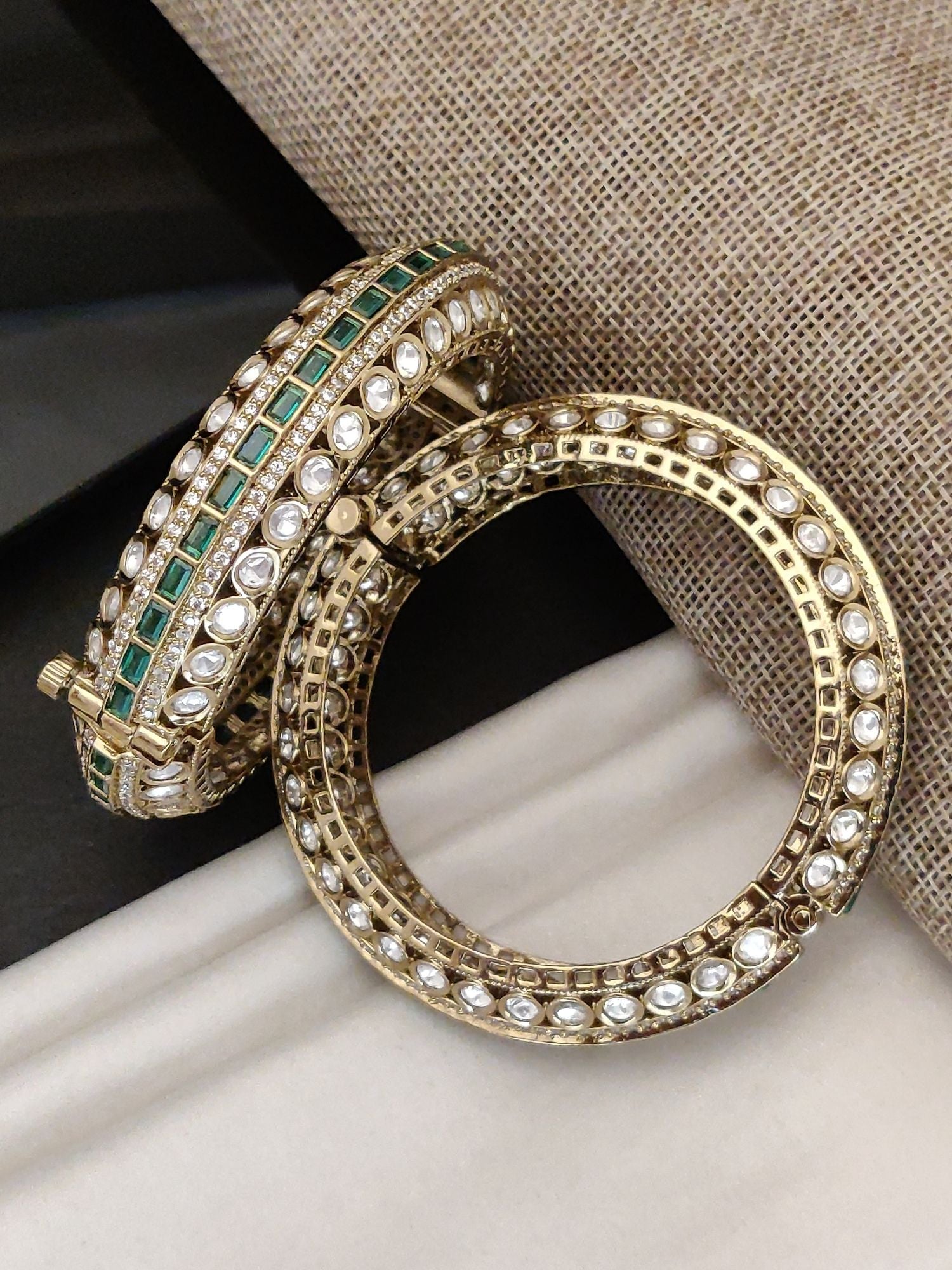Abdesigns Victorian Plated Bangle Set with Emerald Green Stones