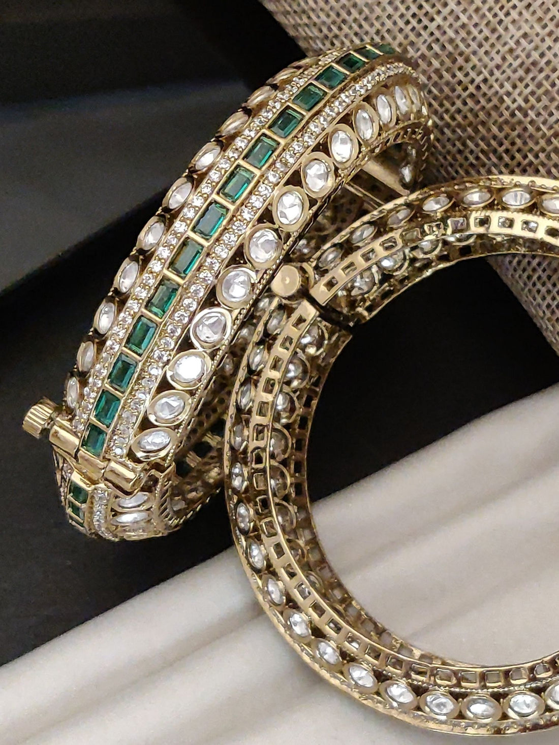 Abdesigns Victorian Plated Bangle Set with Emerald Green Stones