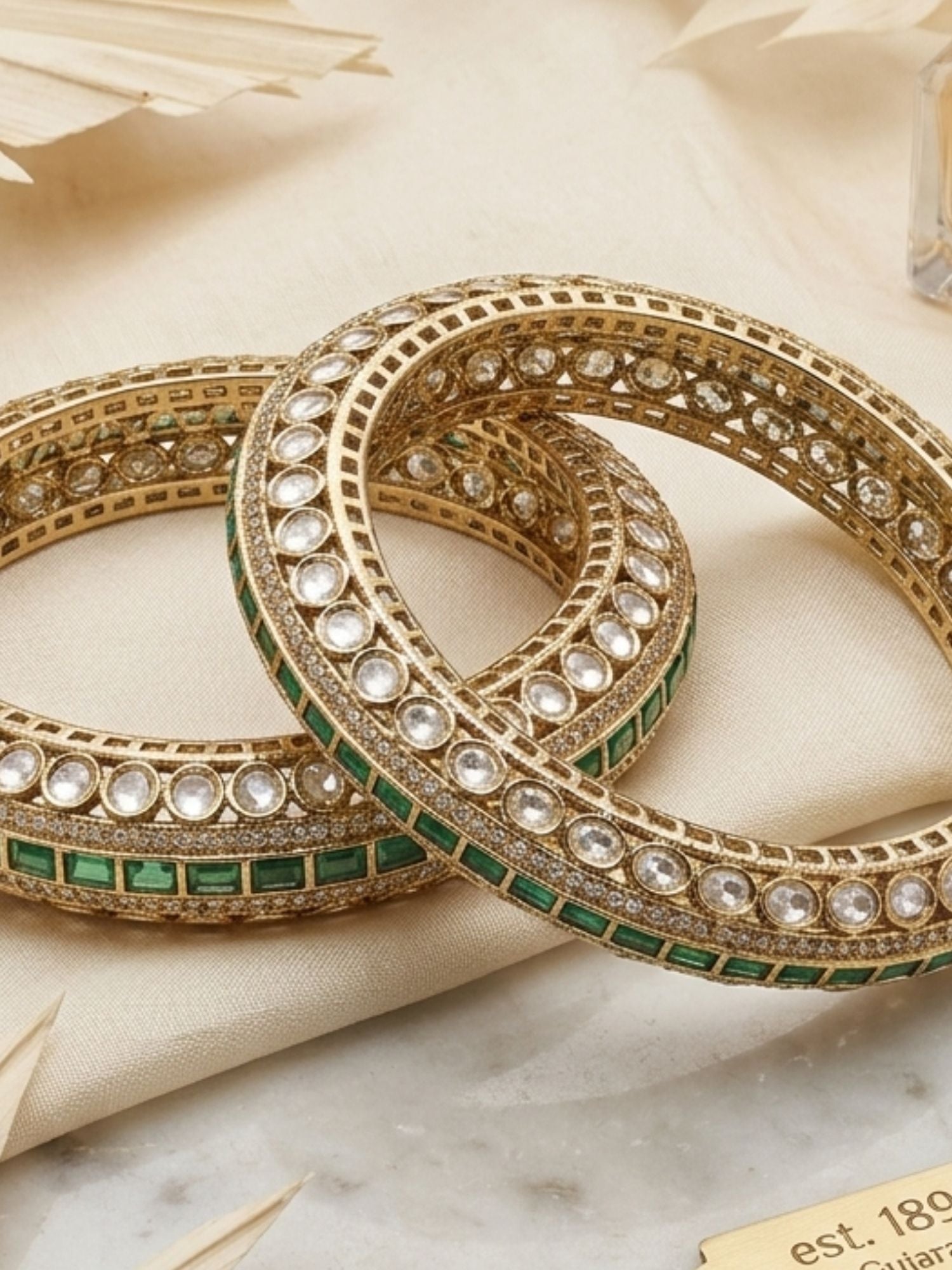 Abdesigns Victorian Plated Bangle Set with Emerald Green Stones