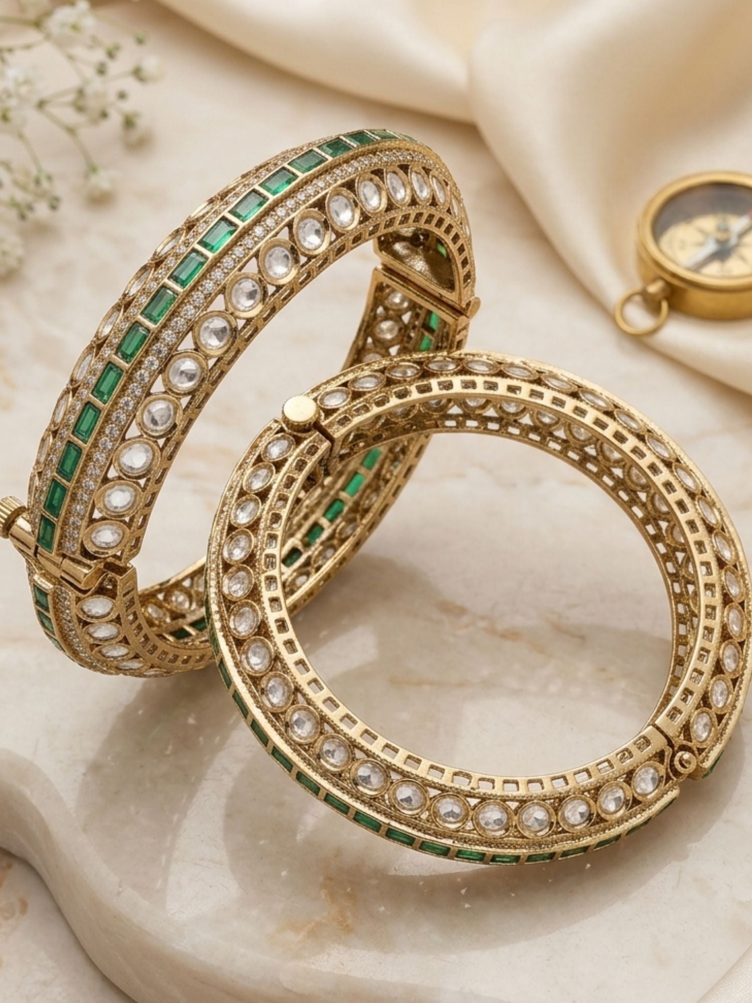 Abdesigns Victorian Plated Bangle Set with Emerald Green Stones