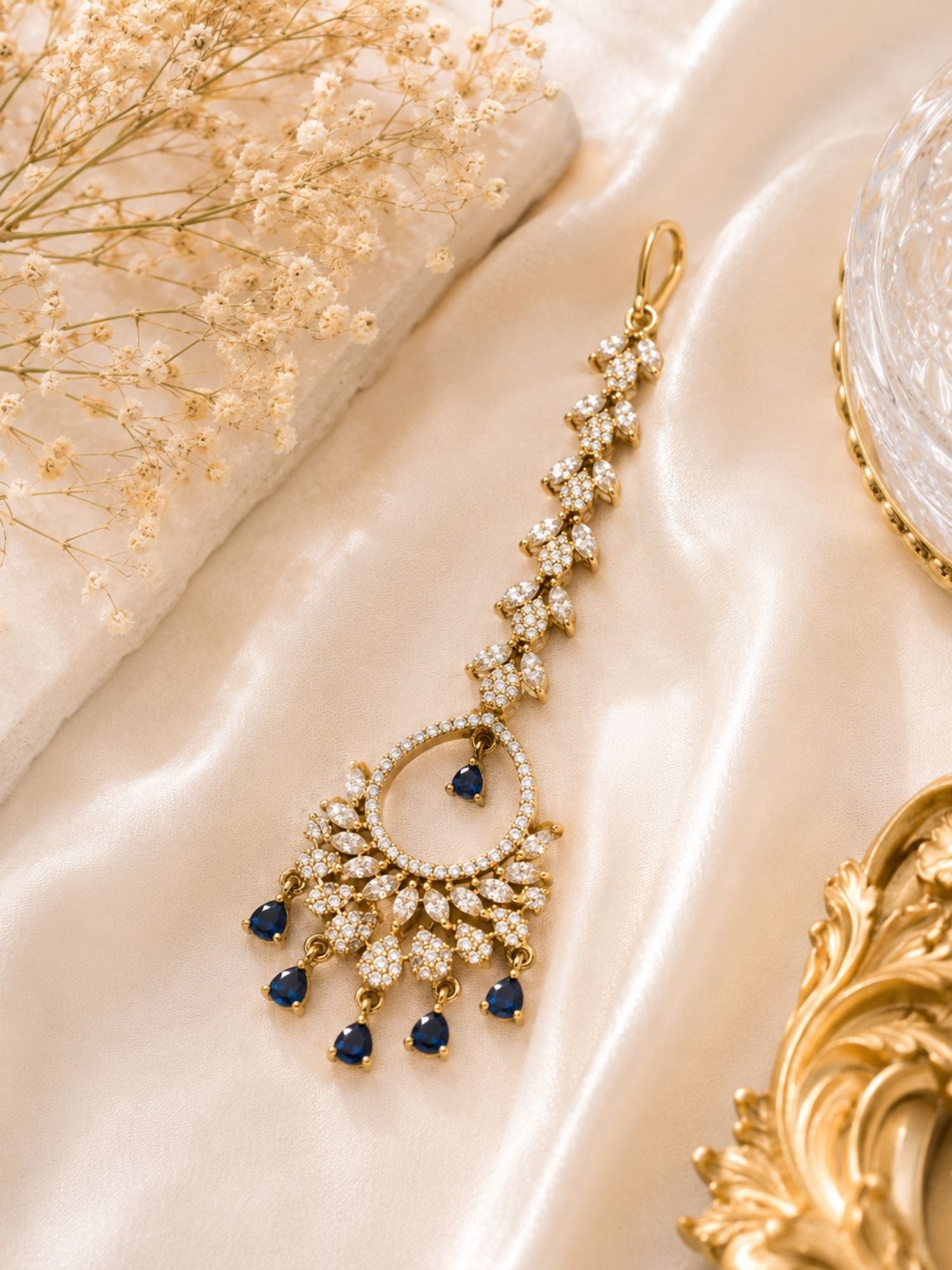 Floral Victorian Oxidised Gold Plated American Diamond Cz Maangtikka